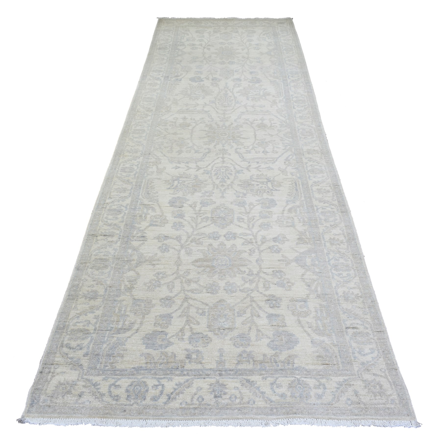 4'x12' Ivory, Hand Woven White Wash Peshawar with All Over Leaf Design, Natural Dyes Extra Soft Wool, Wide Runner Oriental Rug 