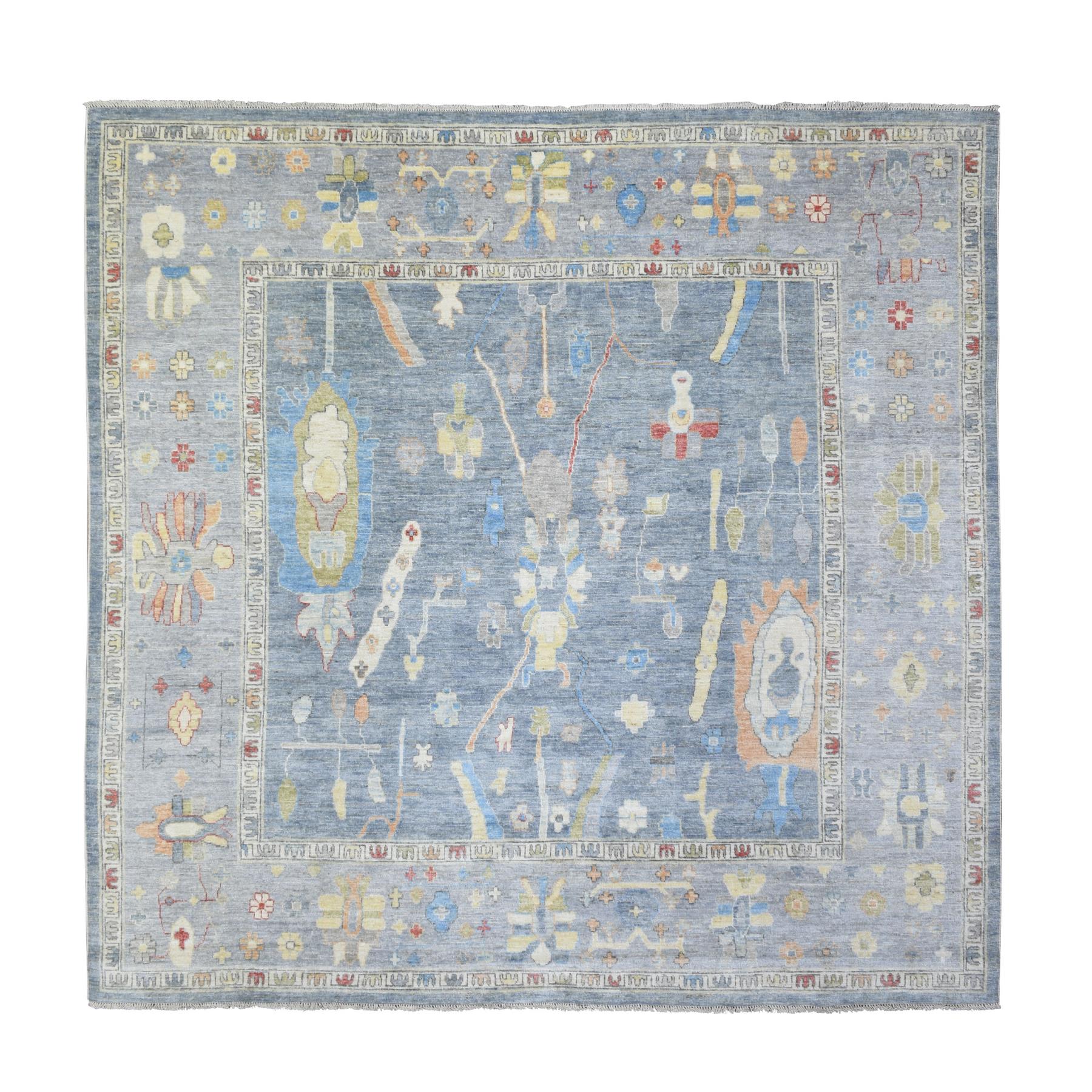 9'9"x9'9" Blue Natural Dyes, Afghan Angora Oushak with Colorful Motifs Soft Wool Hand Woven, Square Oriental Rug 