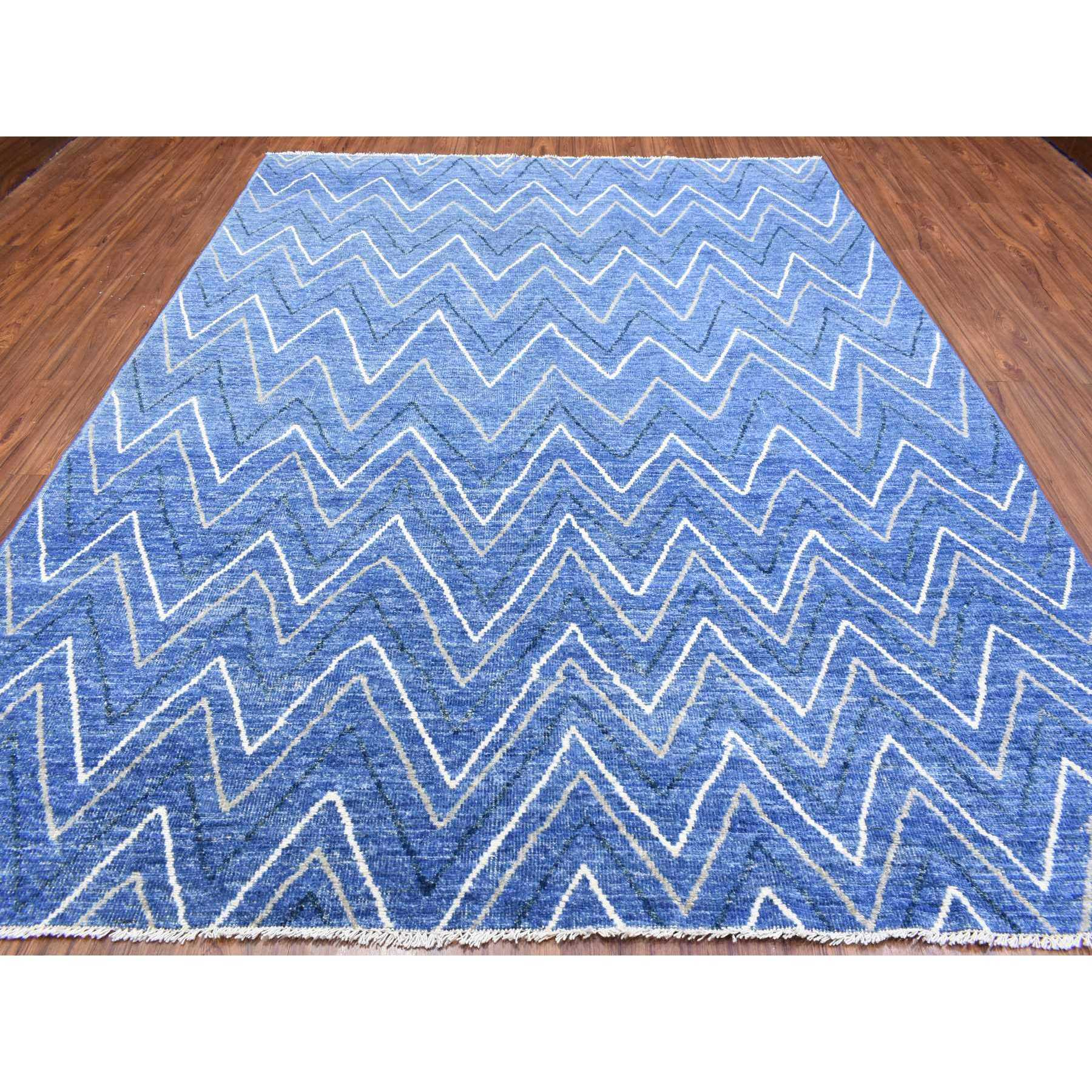 9'x11'5" Denim Blue, Boujaad Moroccan Berber Design with Zig Zag Chevron Design Natural Dyes, Pure Wool Hand Woven, Oriental Rug 