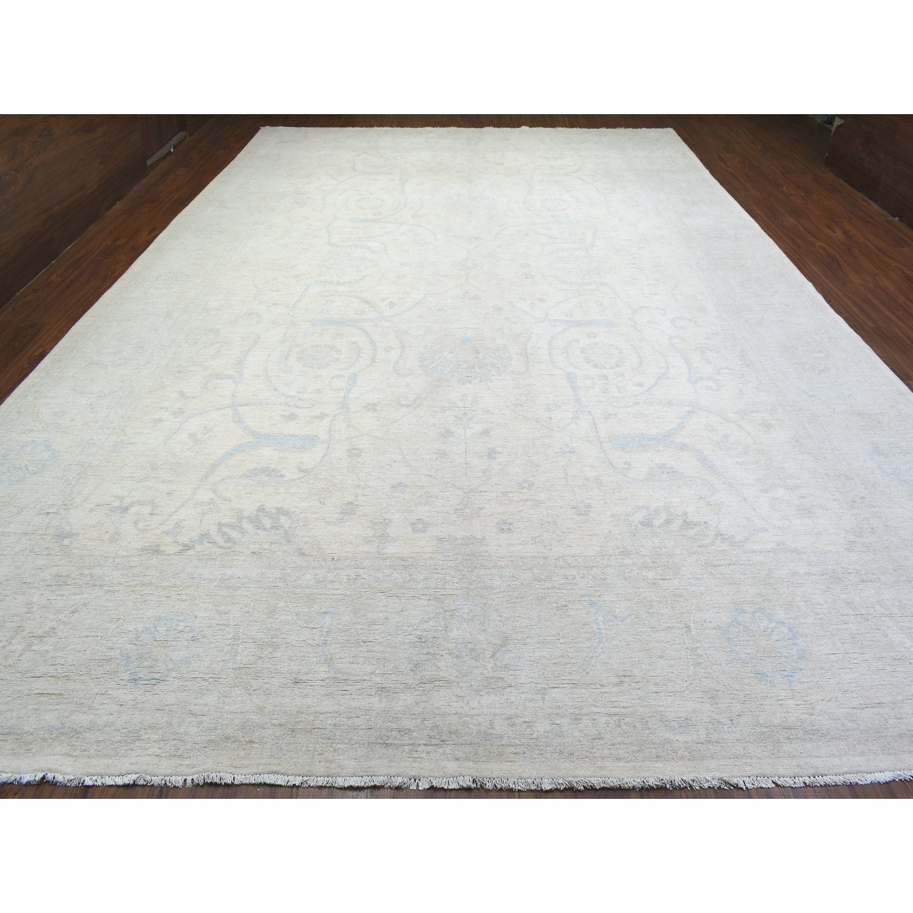 11'9"x17'10" Ivory, Soft Organic Wool Hand Woven, White Wash Peshawar with All Over Design Natural Dyes, Oversized Oriental Rug 
