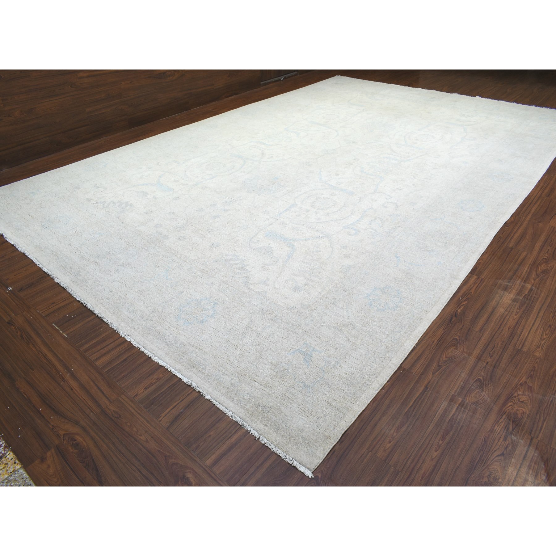 11'9"x17'10" Ivory, Soft Organic Wool Hand Woven, White Wash Peshawar with All Over Design Natural Dyes, Oversized Oriental Rug 