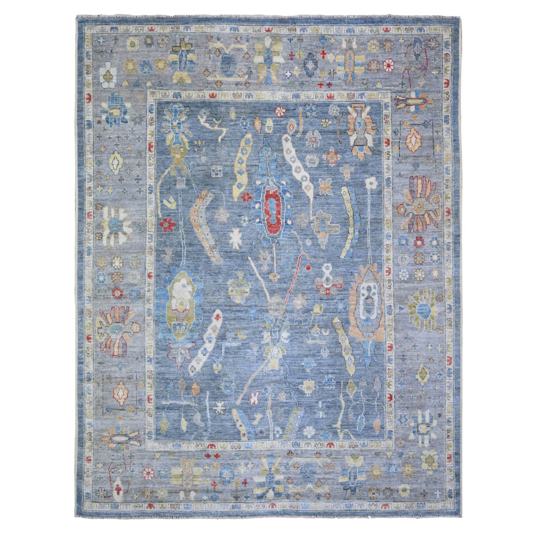 8'x9'6" Steel Blue, Soft Wool Hand Woven, Afghan Angora Oushak with Colorful Motifs Vegetable Dyes, Oriental Rug 