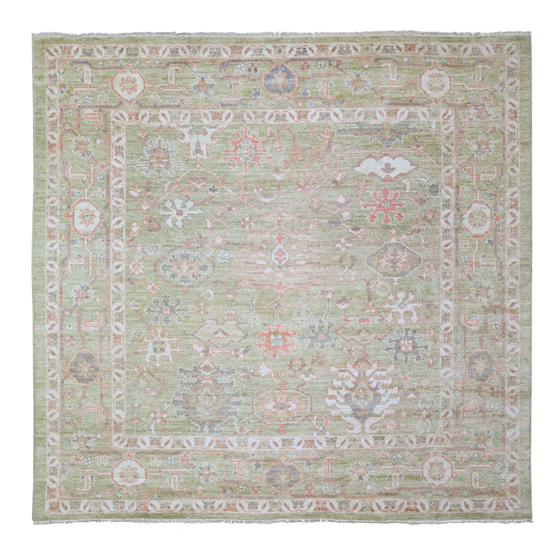 8'1"x8'1" Artichoke Green, Afghan Angora Oushak with Soft Colors Vegetable Dyes, Extra Soft Wool Hand Woven, Square Oriental Rug 