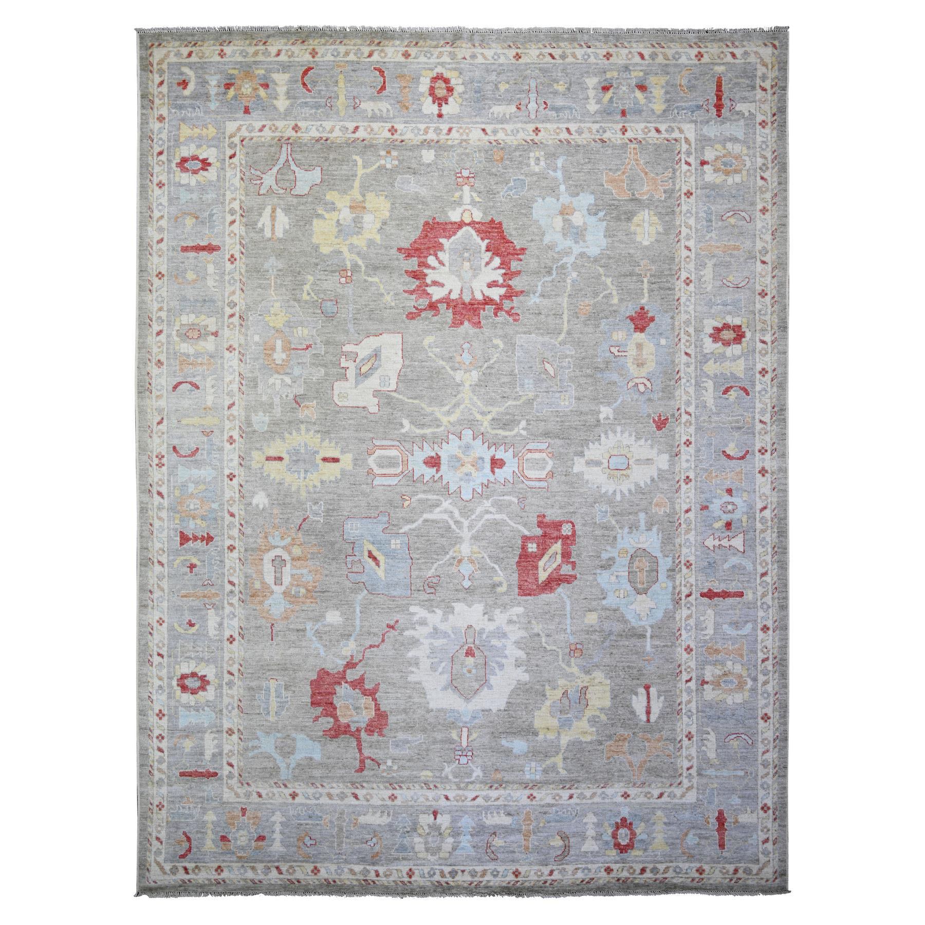 10'x13'3" Cloud Gray, Hand Woven Afghan Angora Oushak with Colorful Motifs, Vegetable Dyes Natural Wool, Oriental Rug 