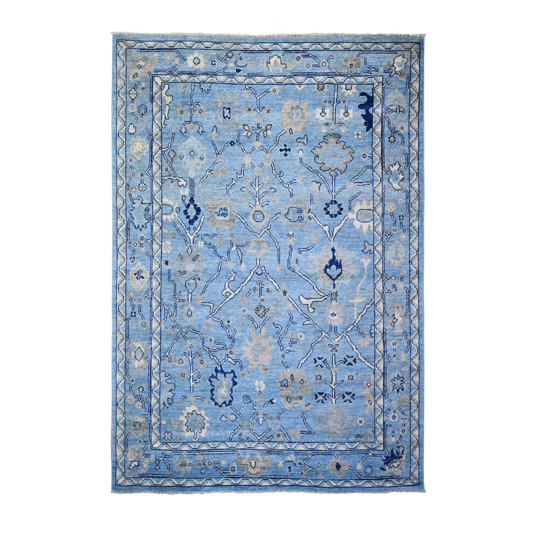 6'x8'9" Sky Blue, Natural Wool Hand Woven, Afghan Angora Oushak with Vines and Floral Design Vegetable Dyes, Oriental Rug 