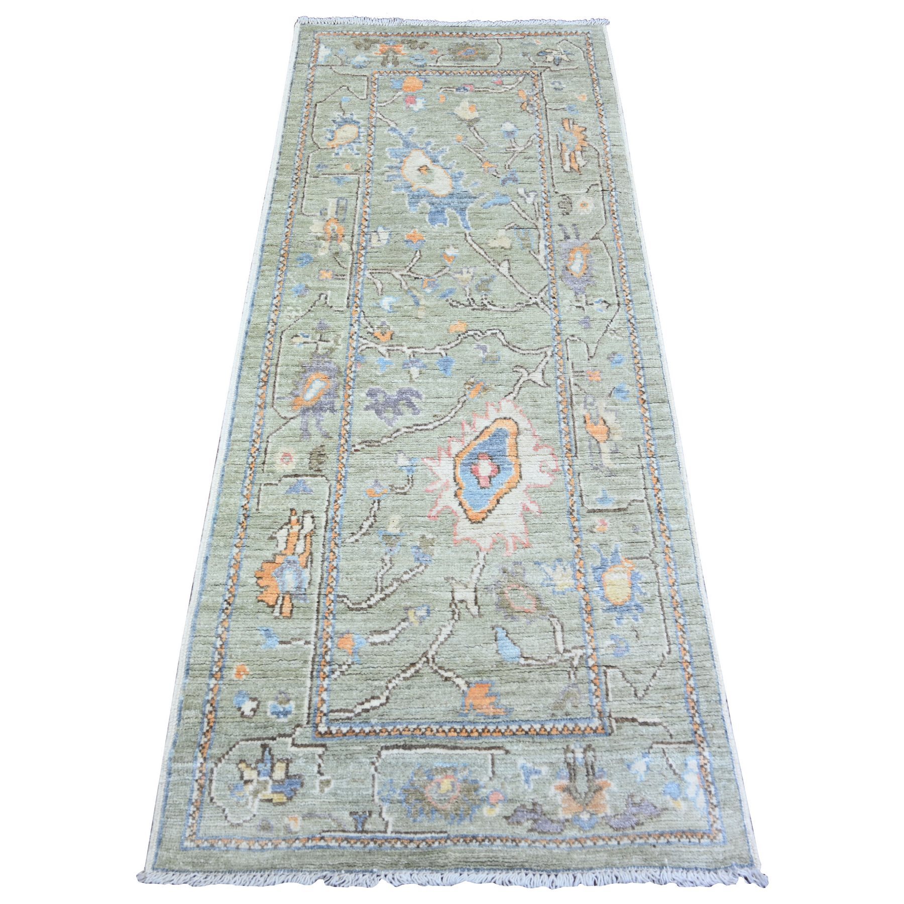 2'6"x6' Laurel Green, Vegetable Dyes Soft Wool, Hand Woven Afghan Angora Oushak with Vines and Floral Motifs, Runner Oriental Rug 