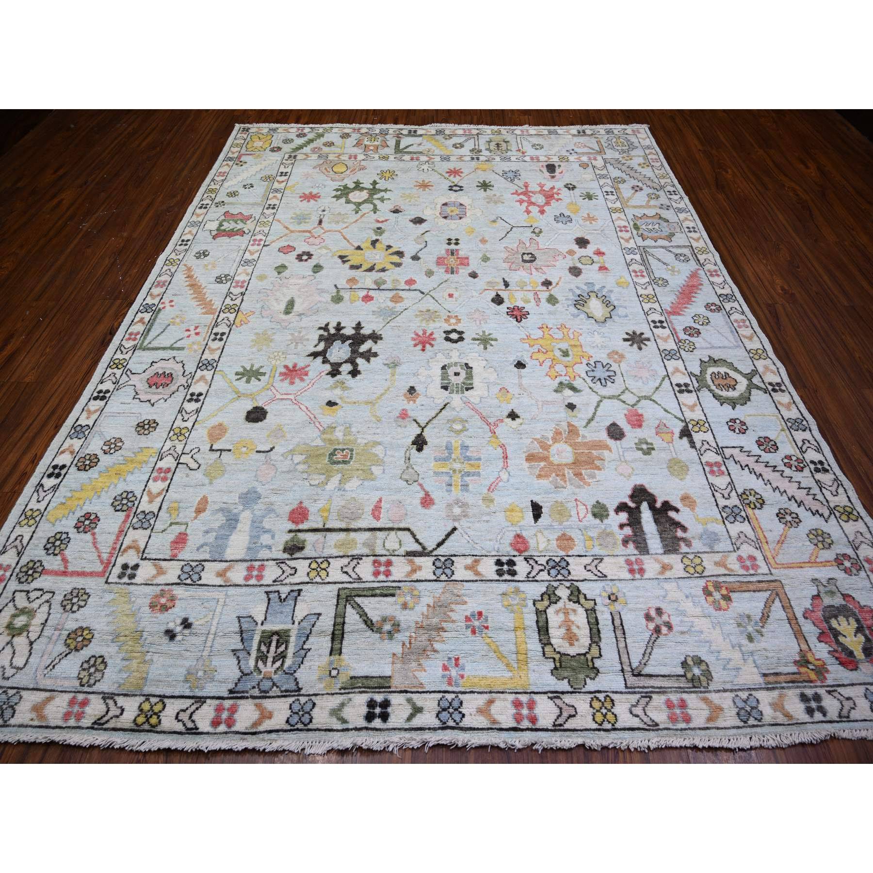 8'2"x10'5" Powder Blue, Afghan Angora Oushak with Colorful Pattern Natural Dyes, Soft Wool Hand Woven, Oriental Rug 