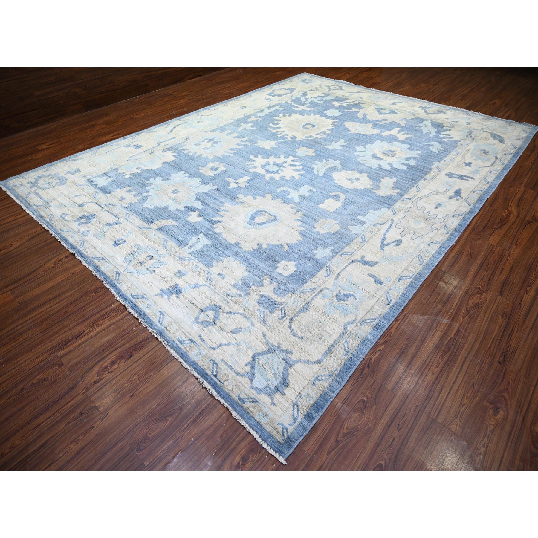 10'4"x13'8" Air Superiority Blue, Hand Woven Afghan Angora Oushak with Large Motifs, Vegetable Dyes 100% Wool, Oriental Rug 