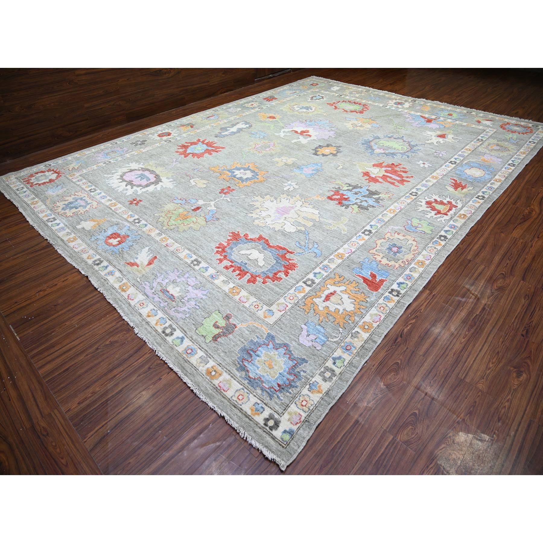 12'x15'8" Cloud Gray, Hand Woven Extra Soft Wool, Natural Dyes Afghan Angora Oushak with Colorful Motifs, Oversized Oriental Rug 