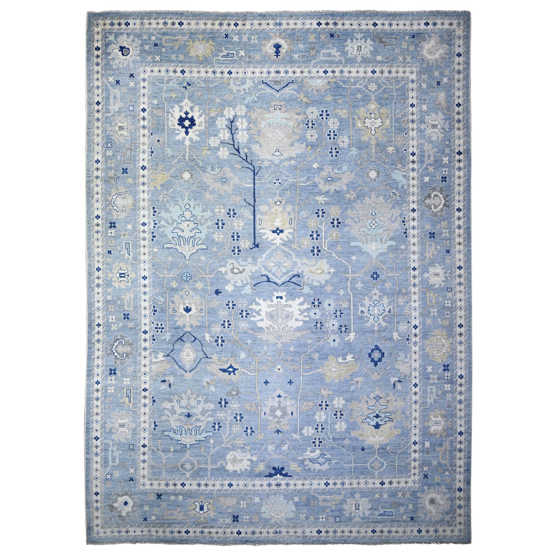 11'7"x15'10" Air Force Blue, Hand Woven Soft Wool, Natural Dyes Afghan Angora Oushak with All Over Vines, Oversized Oriental Rug 