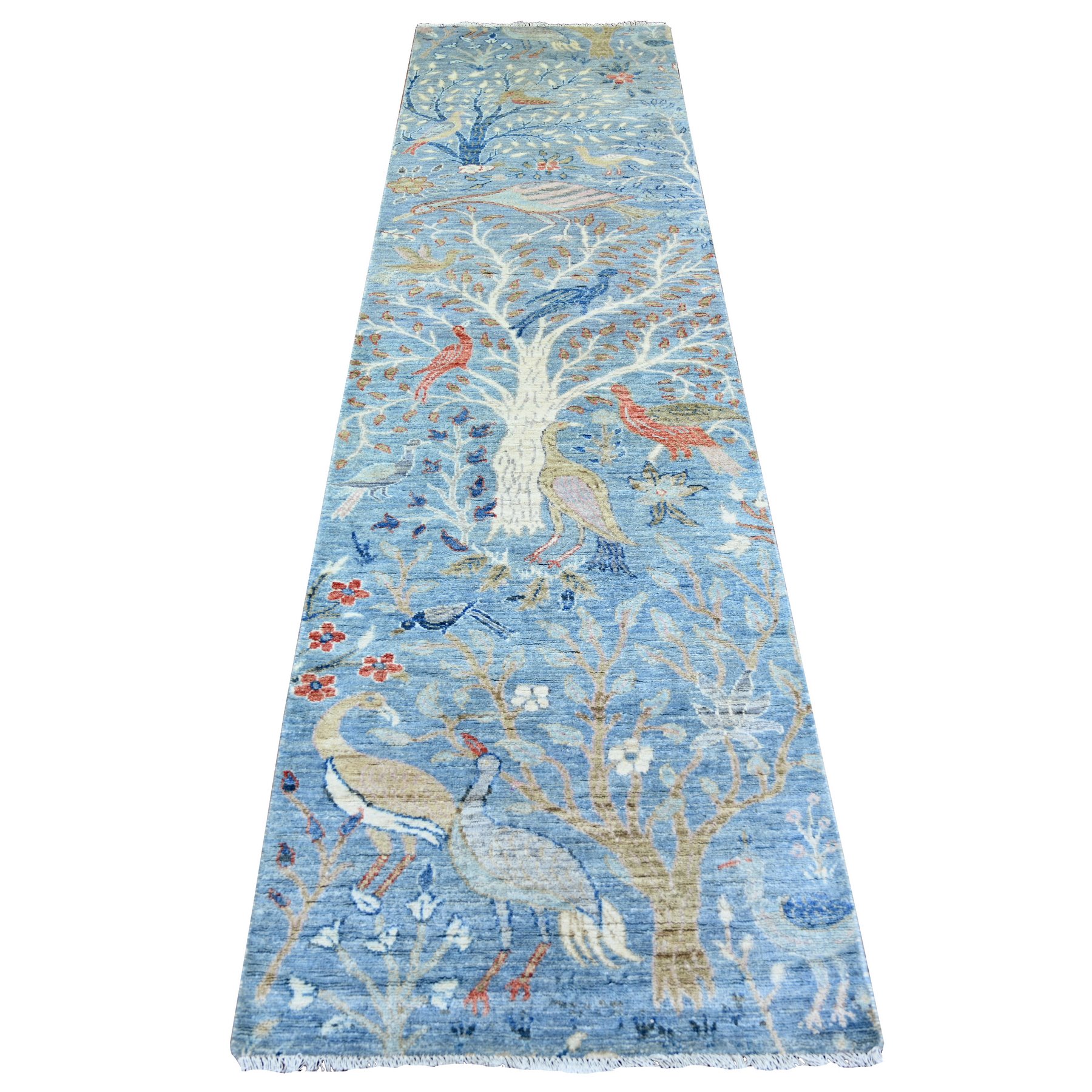 2'7"x10'1" Steel Blue, Afghan Peshawar with Birds Of Paradise Natural Dyes, Pure Wool Hand Woven, Runner Oriental Rug 