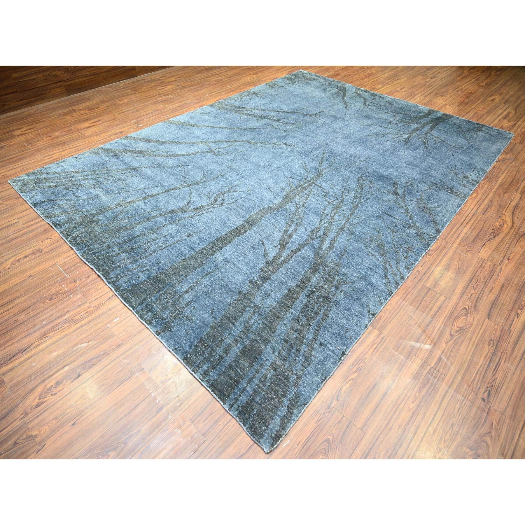 8'10"x12'1" Blue Gray, Modern Tree in the Dusk Design, 100% Wool, Natural Dyes, Tone on Tone, Hand Woven, Oriental Rug 