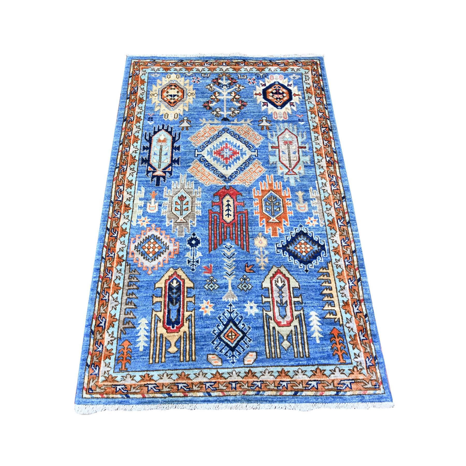 3'2"x5' Cornflower Blue, Densely Woven, Shiny Wool, Hand Woven, Afghan Ersari with Geometric Gul Motifs, Vegetable Dyes, Oriental Rug 