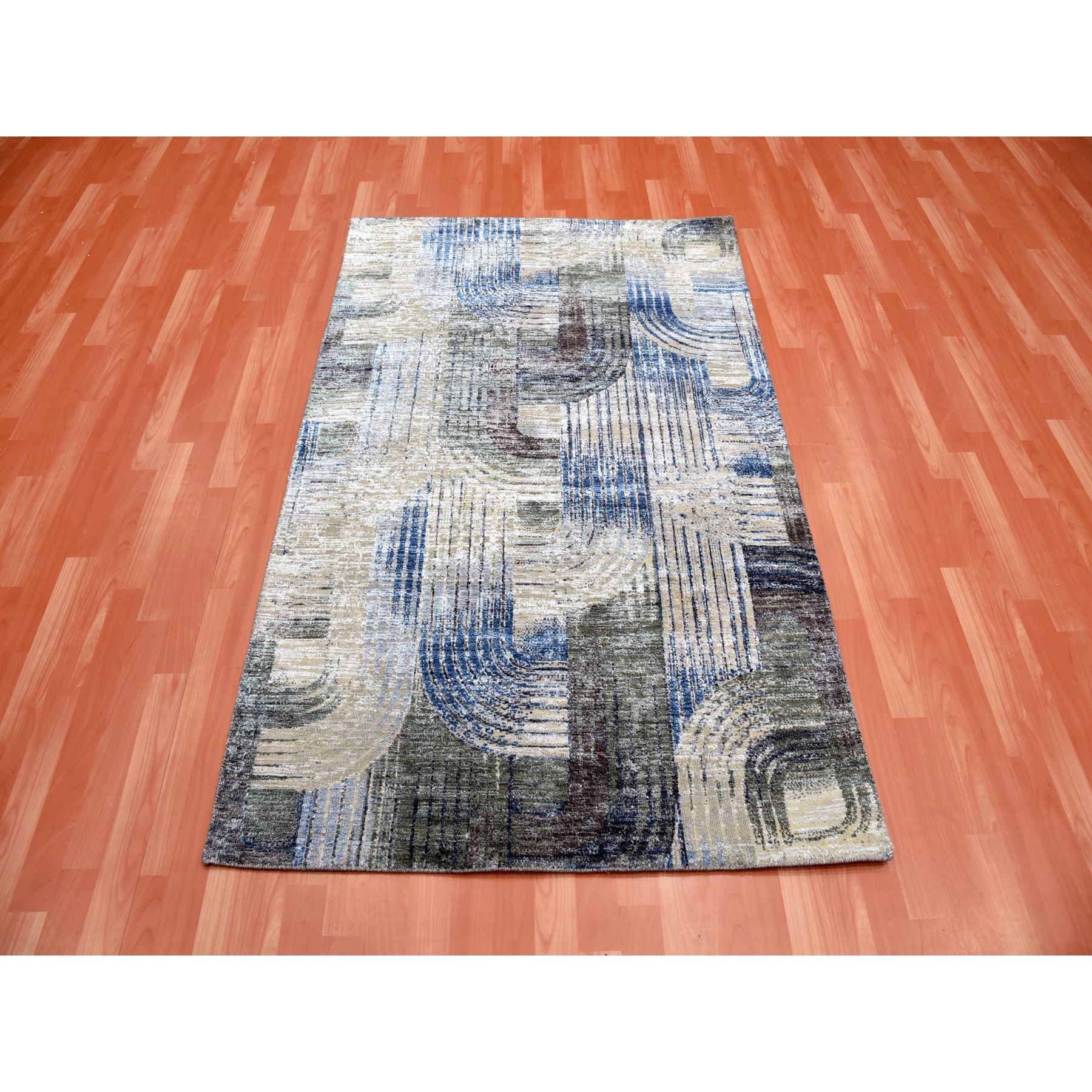 4'x6'1" THE INTERTWINED PASSAGE, Silk with Textured Wool, Hand Woven Oriental Rug 
