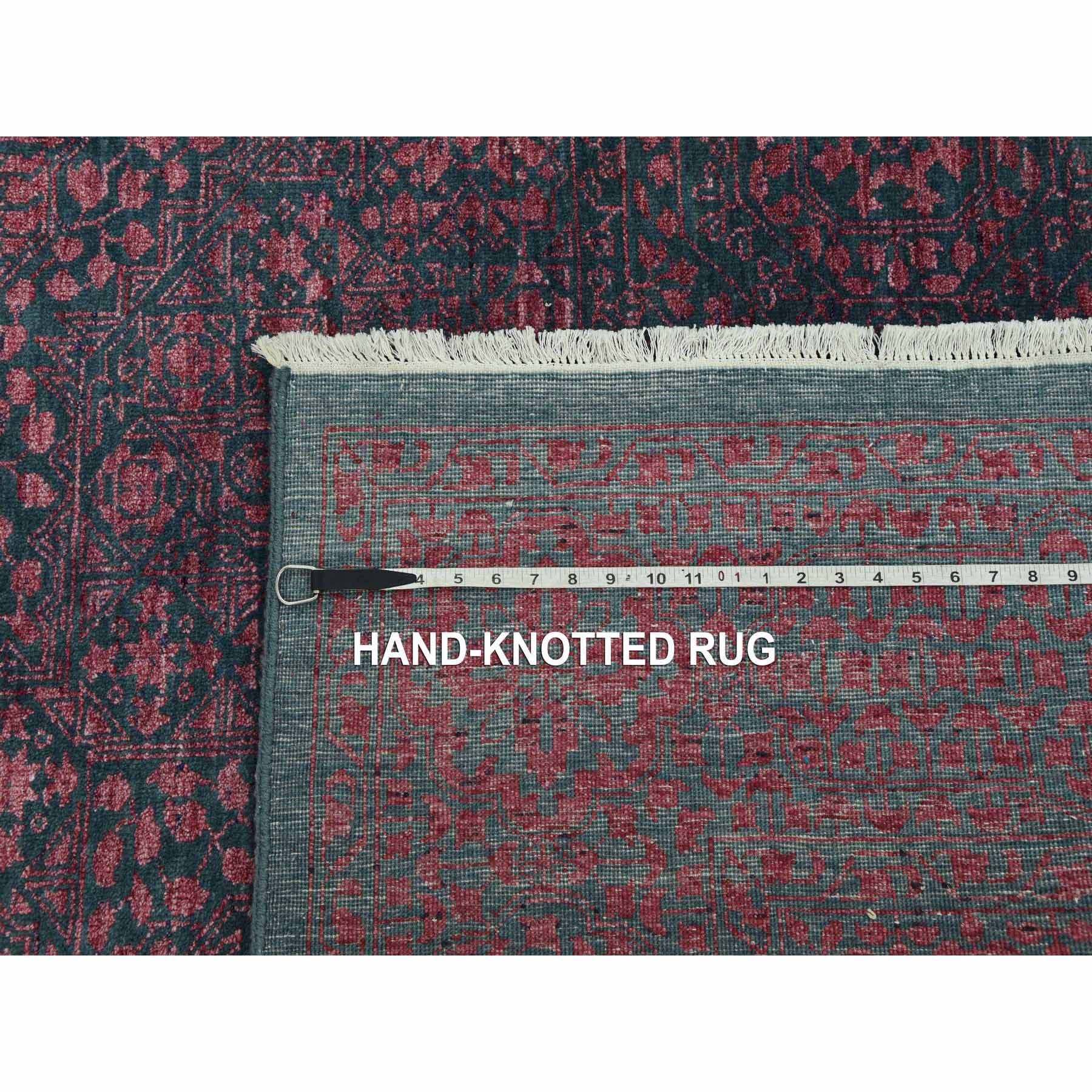 8'x9'9" Dark Green with Pop of Red, Obscured, Tone on Tone Mamluk Design, Wool and Silk Hand Woven, Oriental Rug 