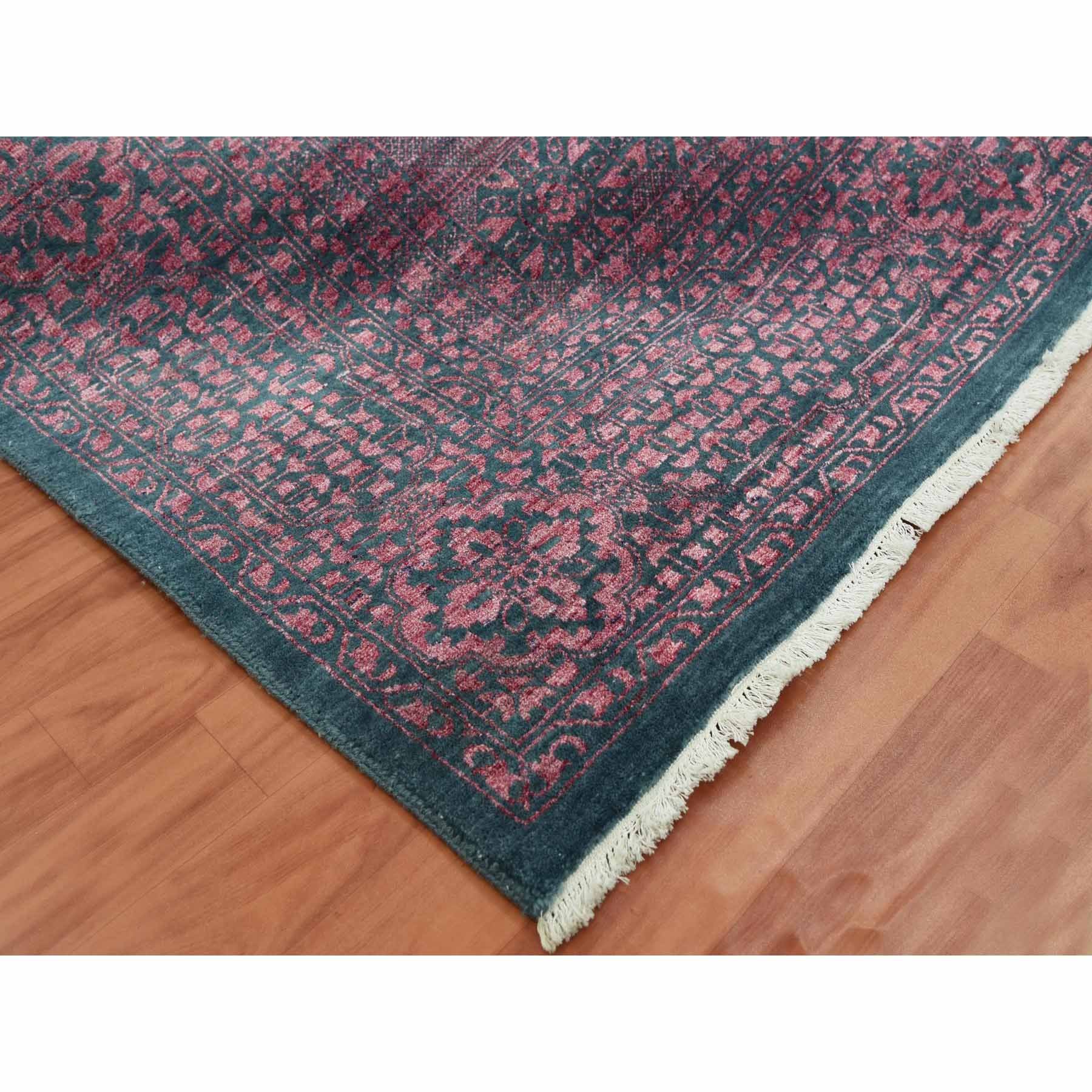 8'x9'9" Dark Green with Pop of Red, Obscured, Tone on Tone Mamluk Design, Wool and Silk Hand Woven, Oriental Rug 