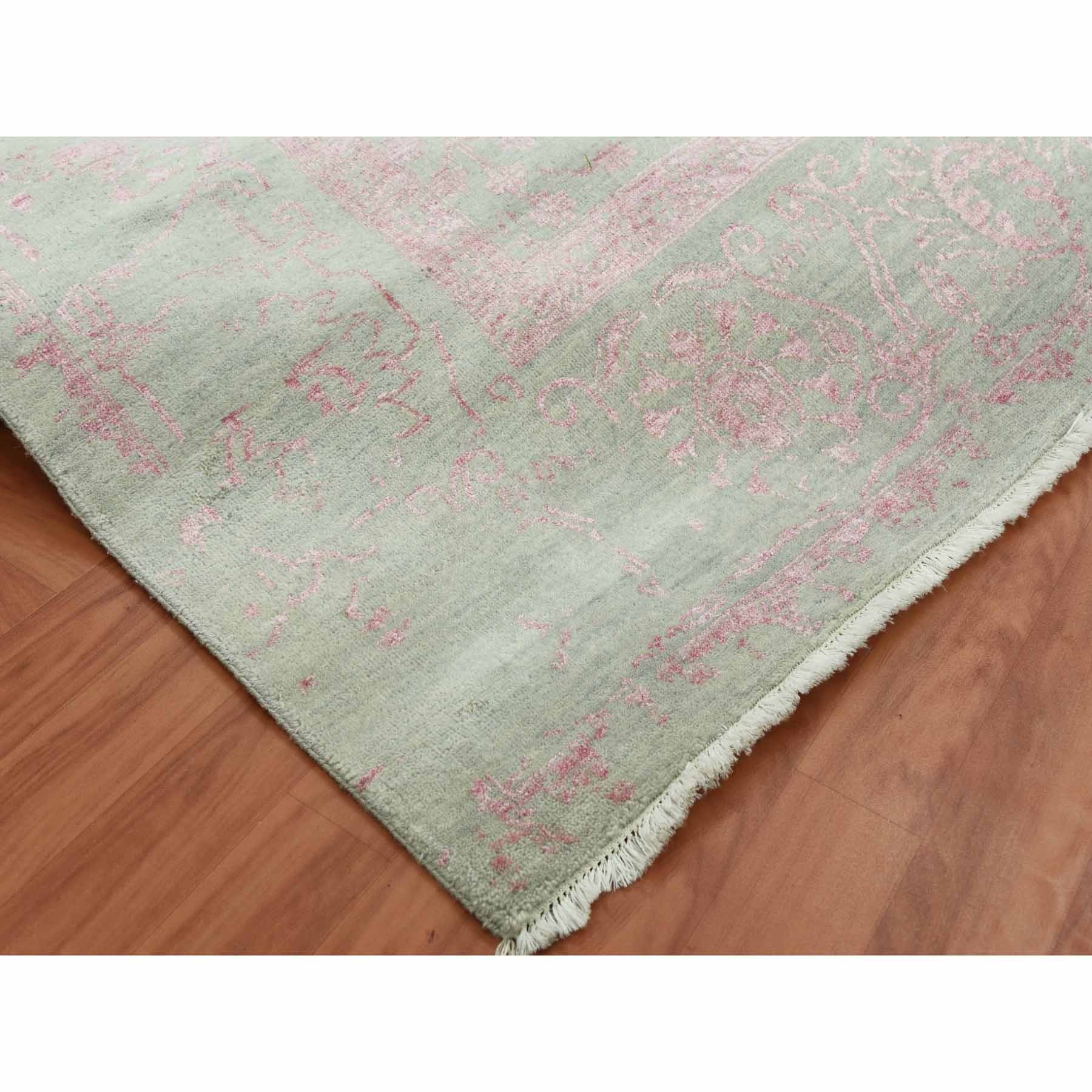 9'x11'10" Sage Gray with Touches of Pink, Broken Erased Persian Design Wool and Silk Hand Woven, Oriental Rug 