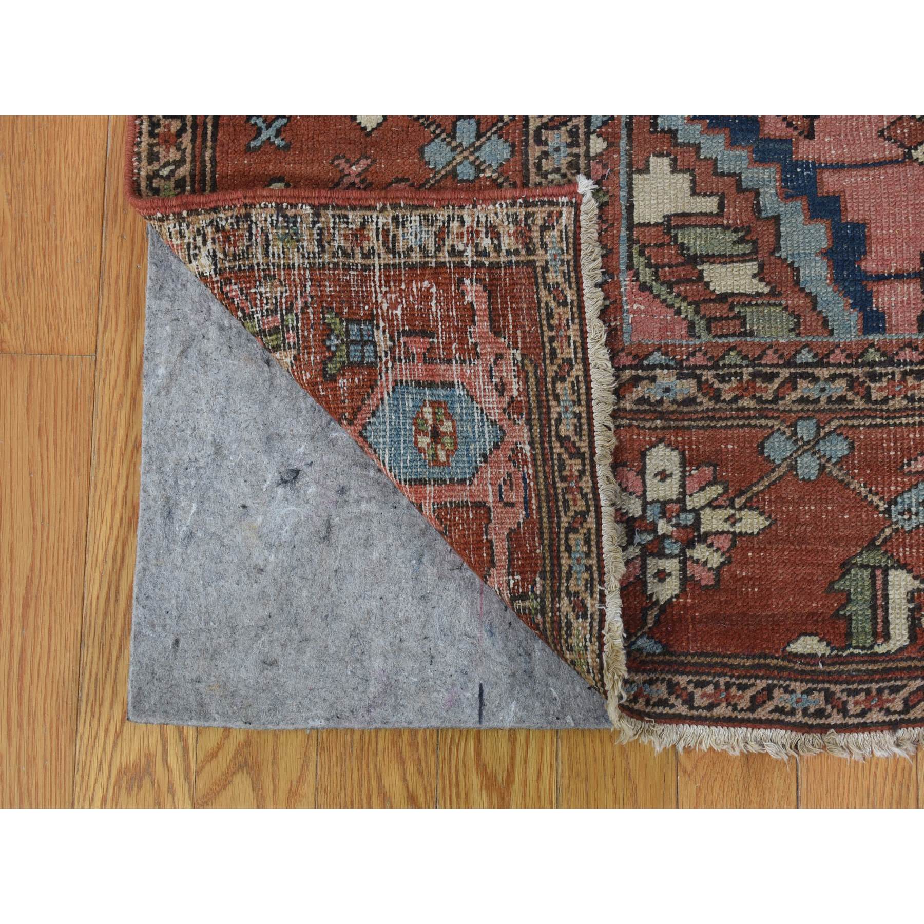 8'7"x12' Terracotta Red with Light Blue Corners, Antique Persian Serapi Heriz Abrash Flower Medallion, Clean Good Condition Evenly Worn Hand Woven Pure Wool Oriental Rug 