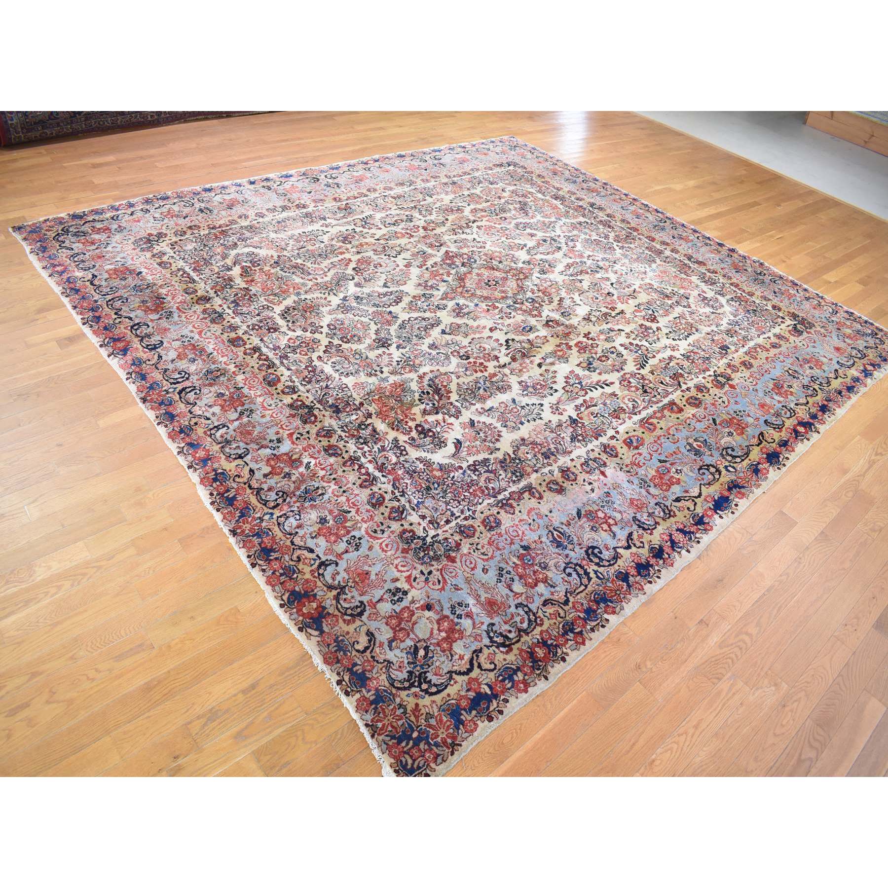 12'x13'4" Ivory, Antique Persian Sarouk Full Pile Clean and Soft, Pure Wool, Thick and Plush, Hand Woven, Squarish Oriental Rug 