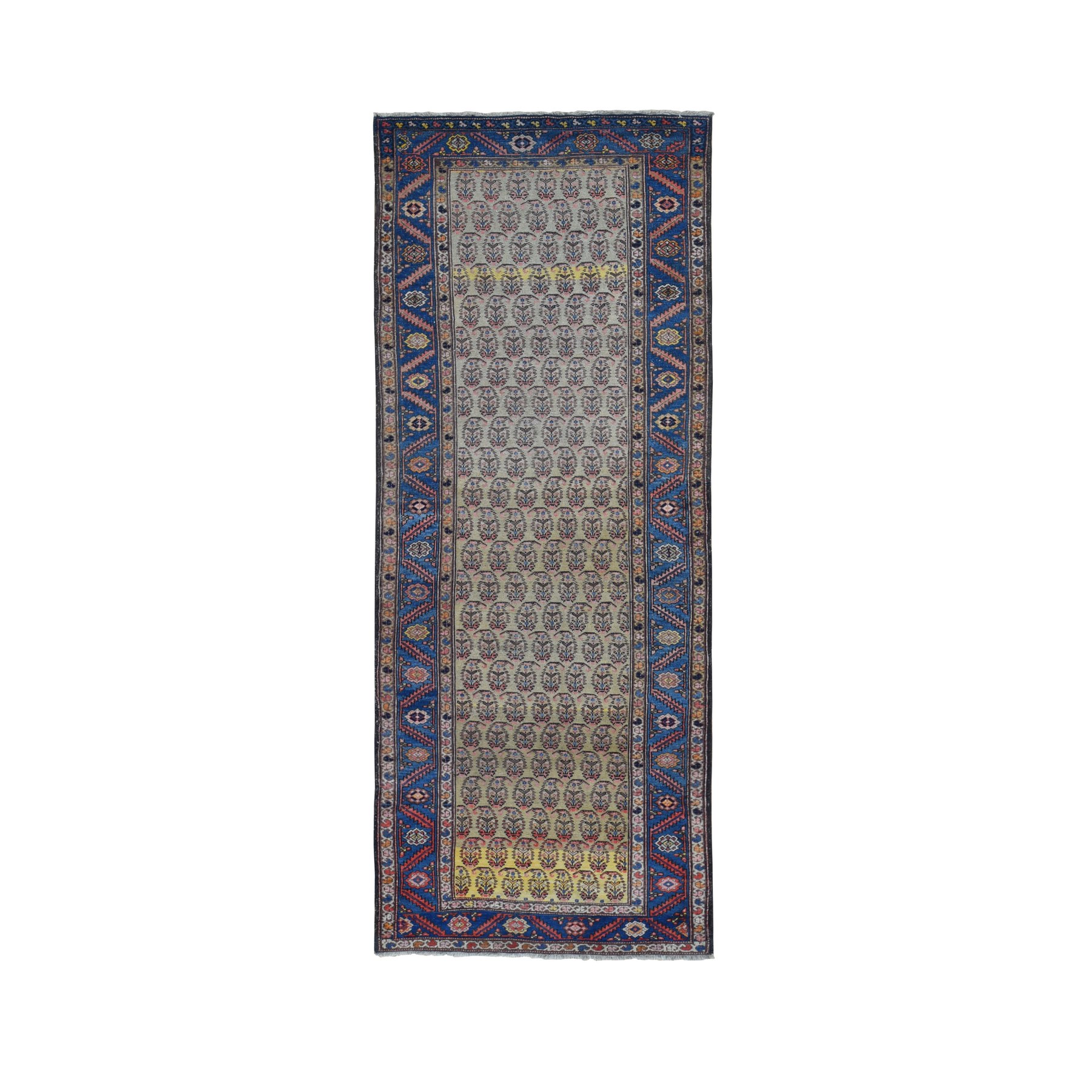 4'x10'3" Yellow, Antique Persian Bakshaish Abrash Paisley Design with Serrated Leaf Border, Excellent Condition Pure Wool, Clean Hand Woven, Wide Runner Oriental Rug 