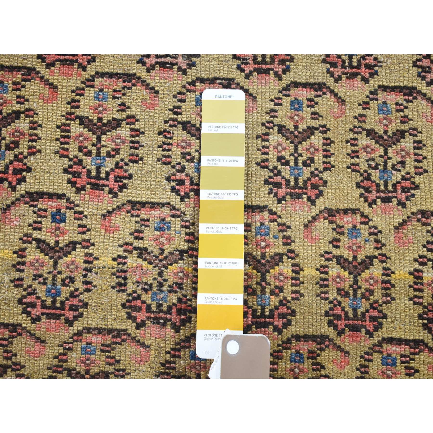 4'x10'3" Yellow, Antique Persian Bakshaish Abrash Paisley Design with Serrated Leaf Border, Excellent Condition Pure Wool, Clean Hand Woven, Wide Runner Oriental Rug 