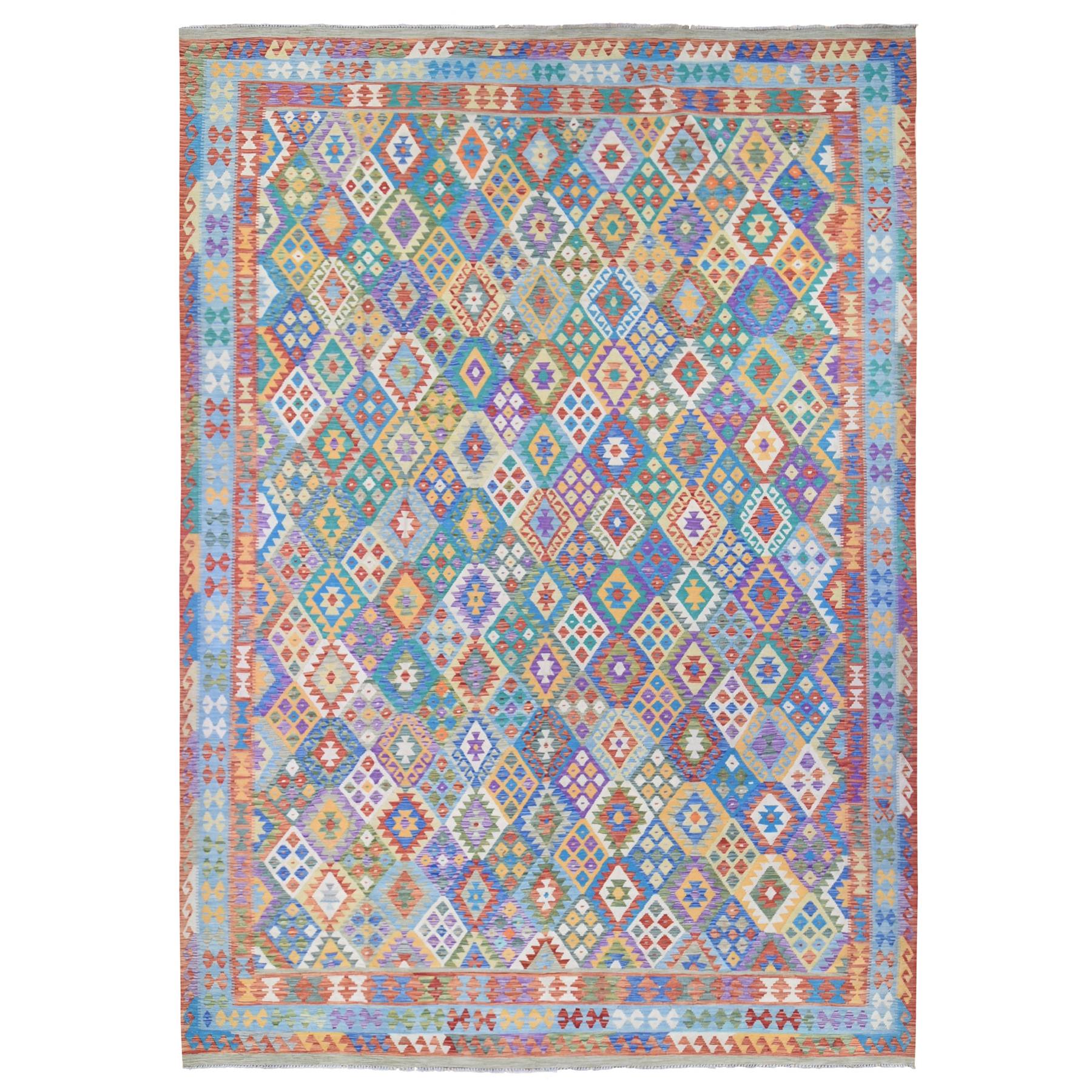 11'1"x16'5" Sunrise Colors, Afghan Kilim with Geometric Design, Flat Weave Vegetable Dyes Multicolored Pure Wool Hand Woven, Oversized Oriental Rug 