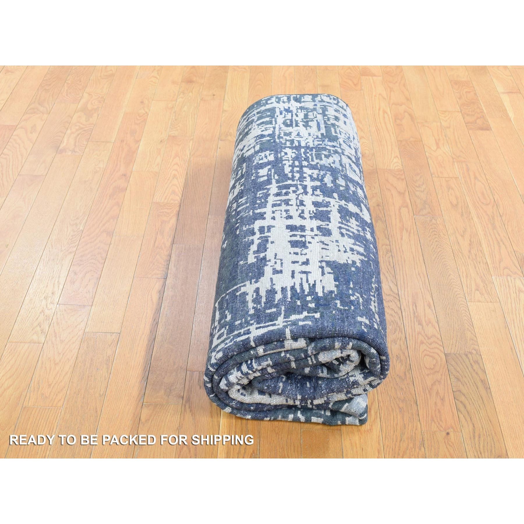 8'x10' Charcoal Black and Blue, Modern Design, Hand Woven, Wool with Plant Based Silk, Nepali, Oriental Rug 