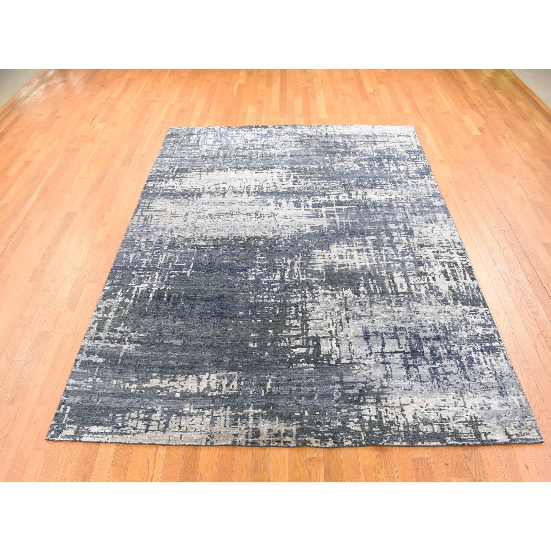 8'x10' Charcoal Black and Blue, Modern Design, Hand Woven, Wool with Plant Based Silk, Nepali, Oriental Rug 
