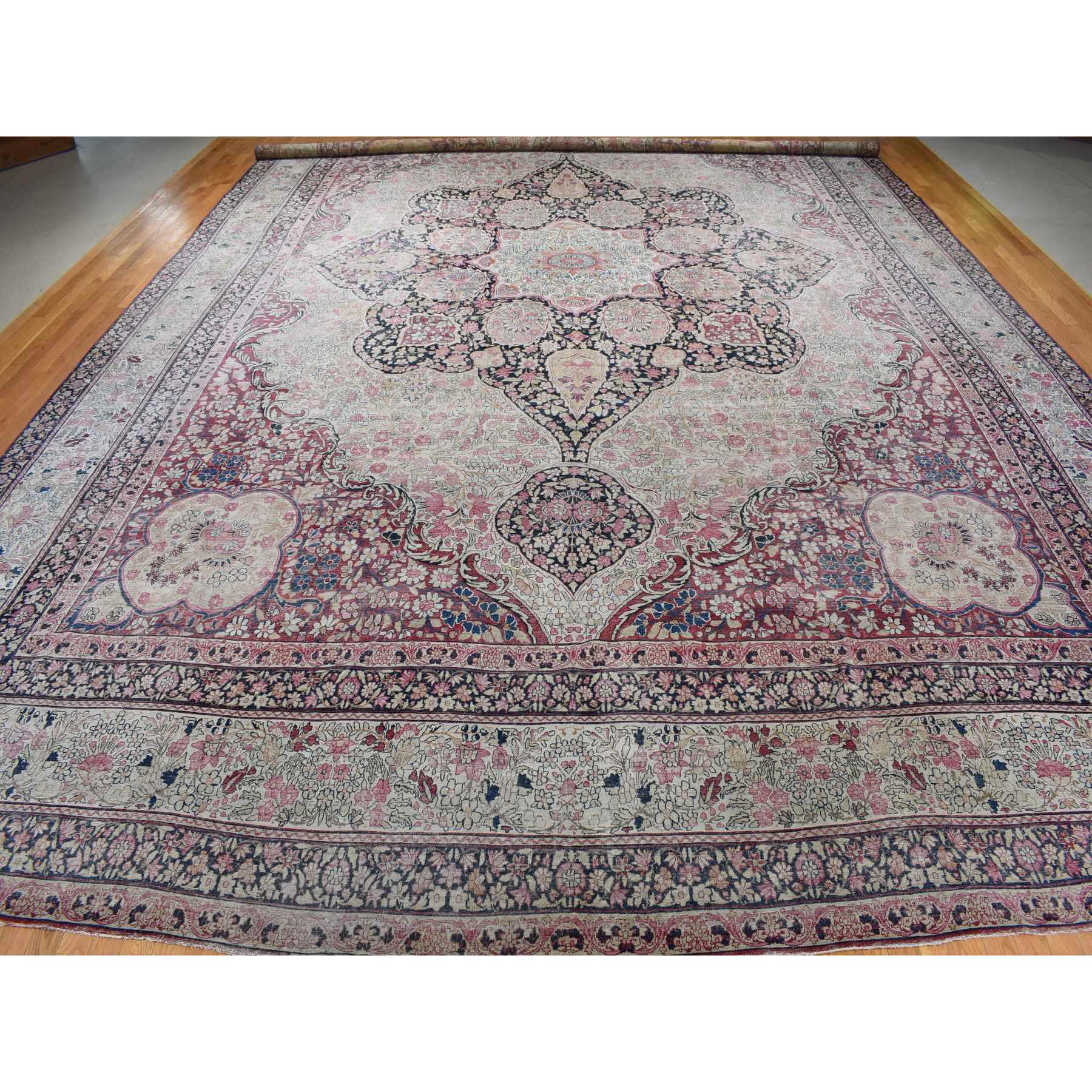 17'x26'3" Beige, Antique Persian Lavar Kerman with Large Center Medallion, Pure Wool Hand Woven Natural Berries Dye Low Pile, Clean No Holes Evenly Worn, Palace Size Oriental Rug 