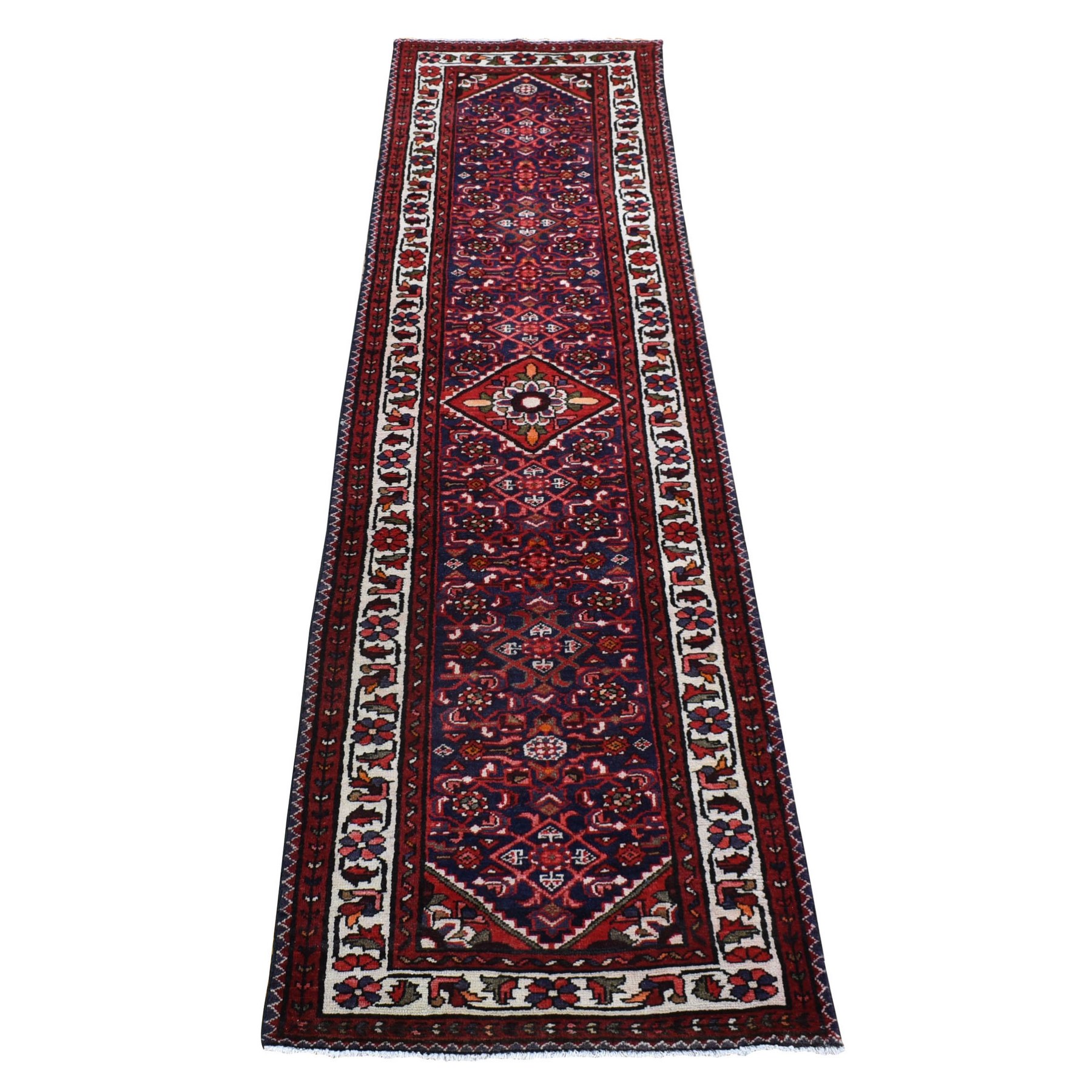 2'7"x10' Navy Blue with Mix of Red, Vintage Persian Bakhtiari Abrash Full Pile, Hand Woven Pure Wool, Runner Oriental Rug 