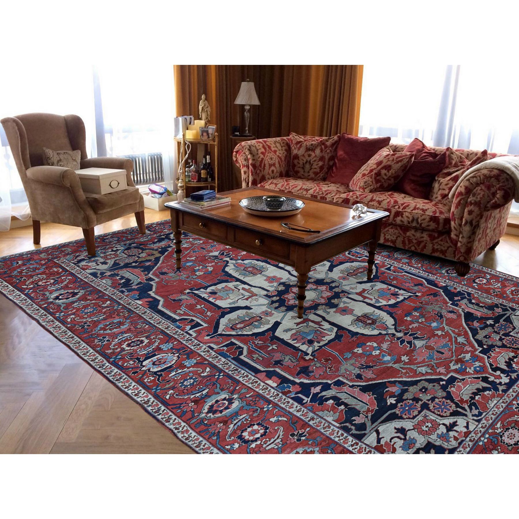 9'1"x13'1" Alabama Crimson, Antique Persian Serapi Heriz, Flower Medallion Design, Pure Wool, Sides and Ends Professionally Secured, Cleaned, Hand Woven, Oriental Rug 
