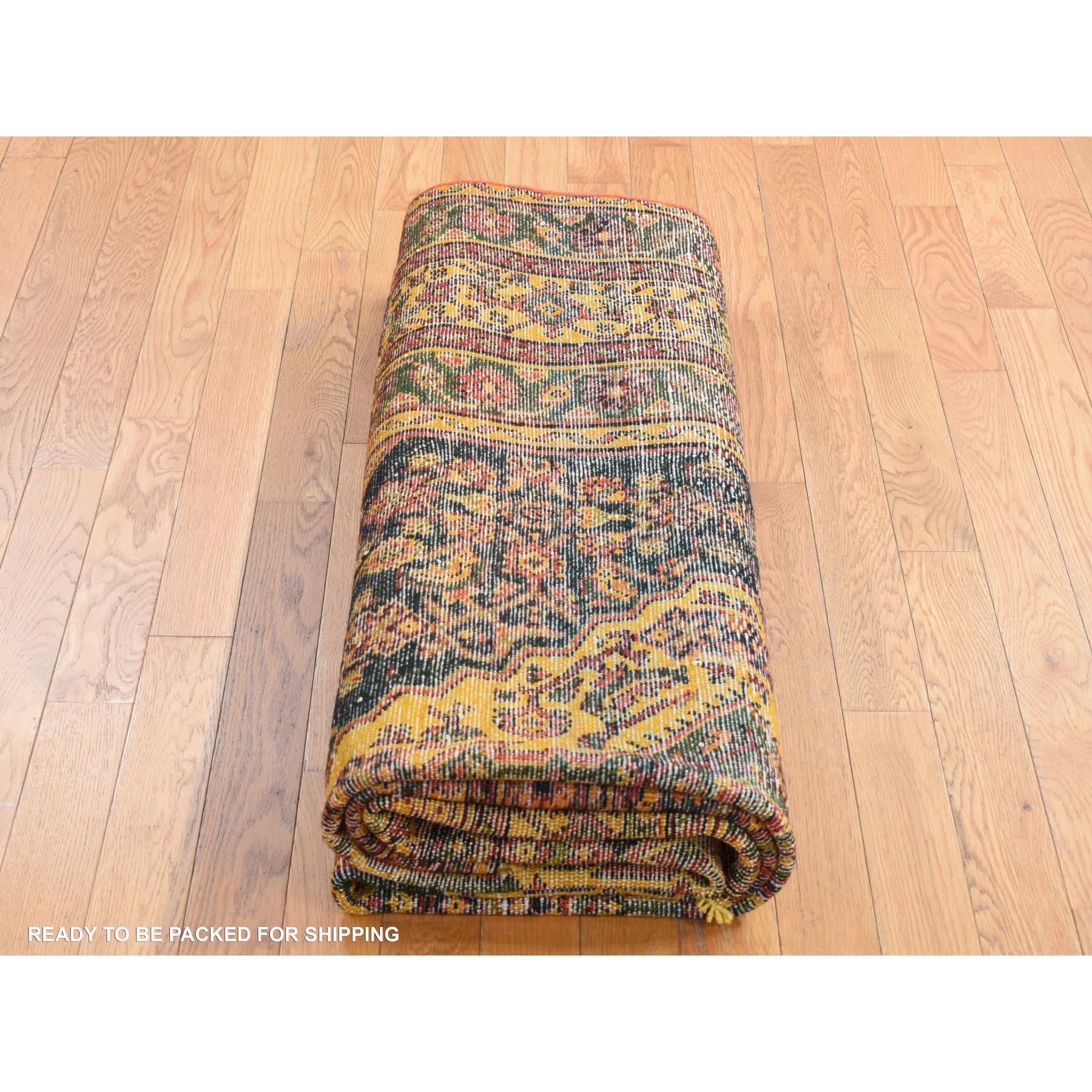 6'8"x9'6" Sunflower Yellow, Overdyed Vintage Persian Bibikabad, Hand Woven, Pure Wool, Oriental Rug 