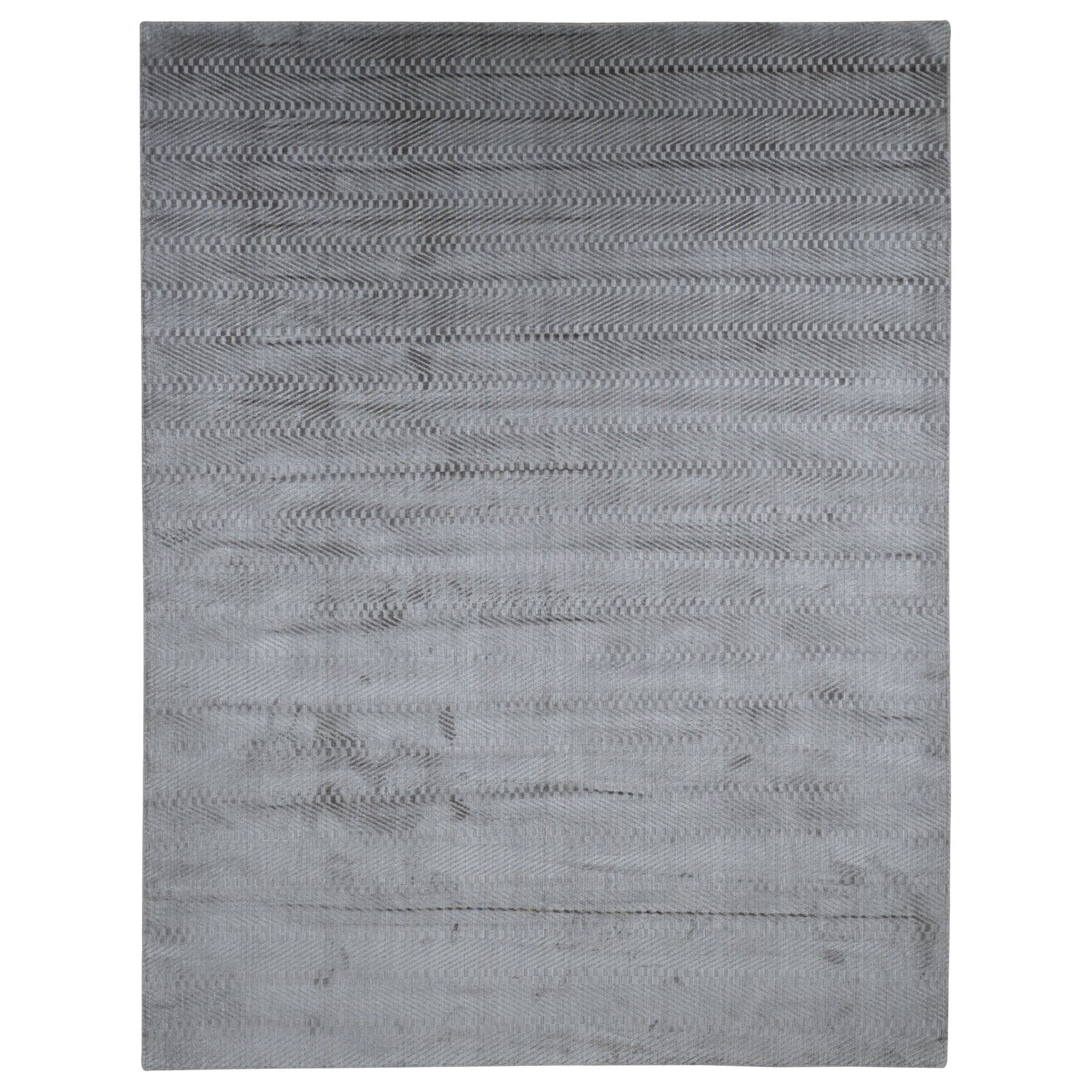 8'9"x11'7" Agreeable Gray, Hand Loomed, Art Silk, Modern Tone on Tone Chevron Design, Oriental Rug 