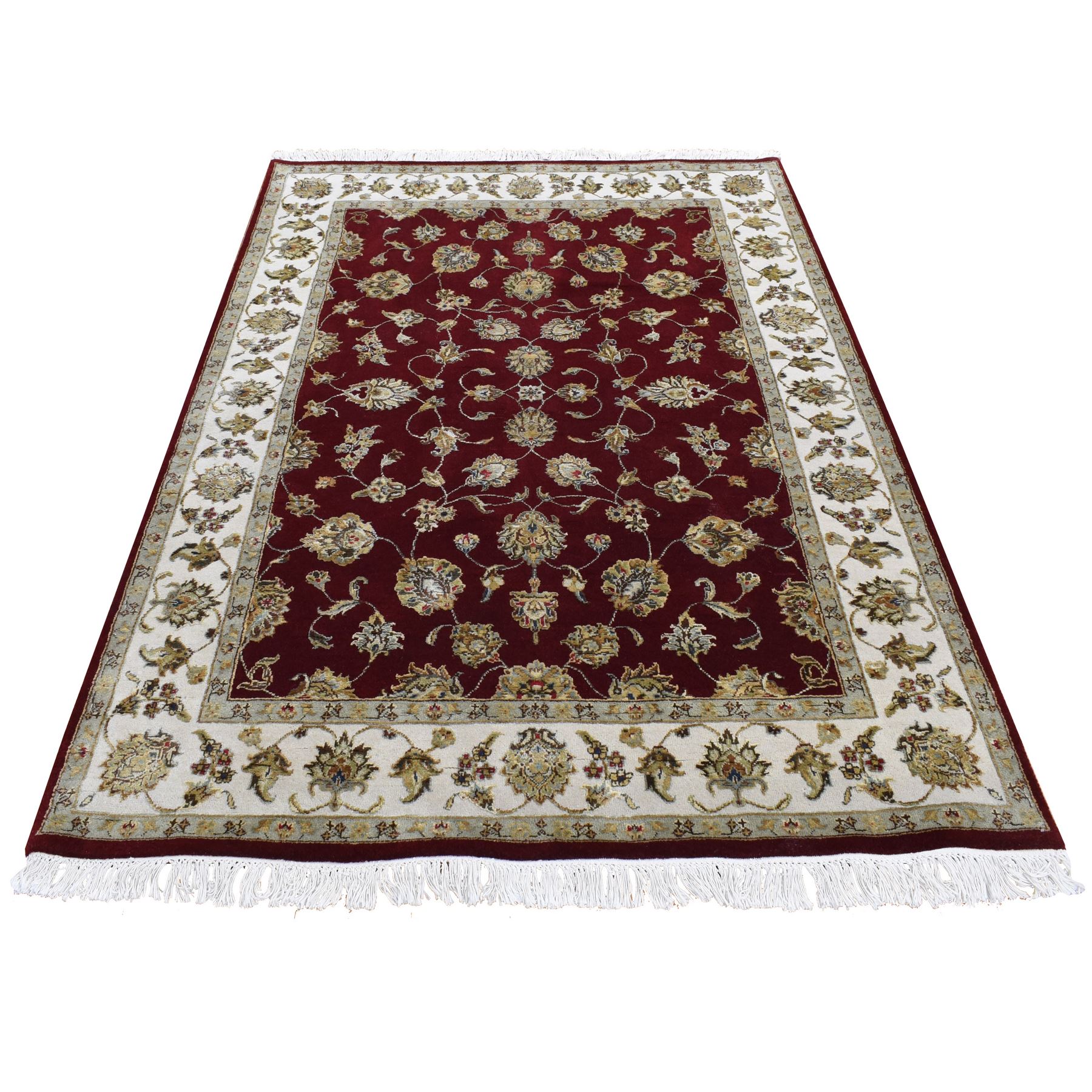 5'1"x7'1" Mahogany Red, Wool and Silk, Rajasthan Design, Hand Woven, Oriental Rug 