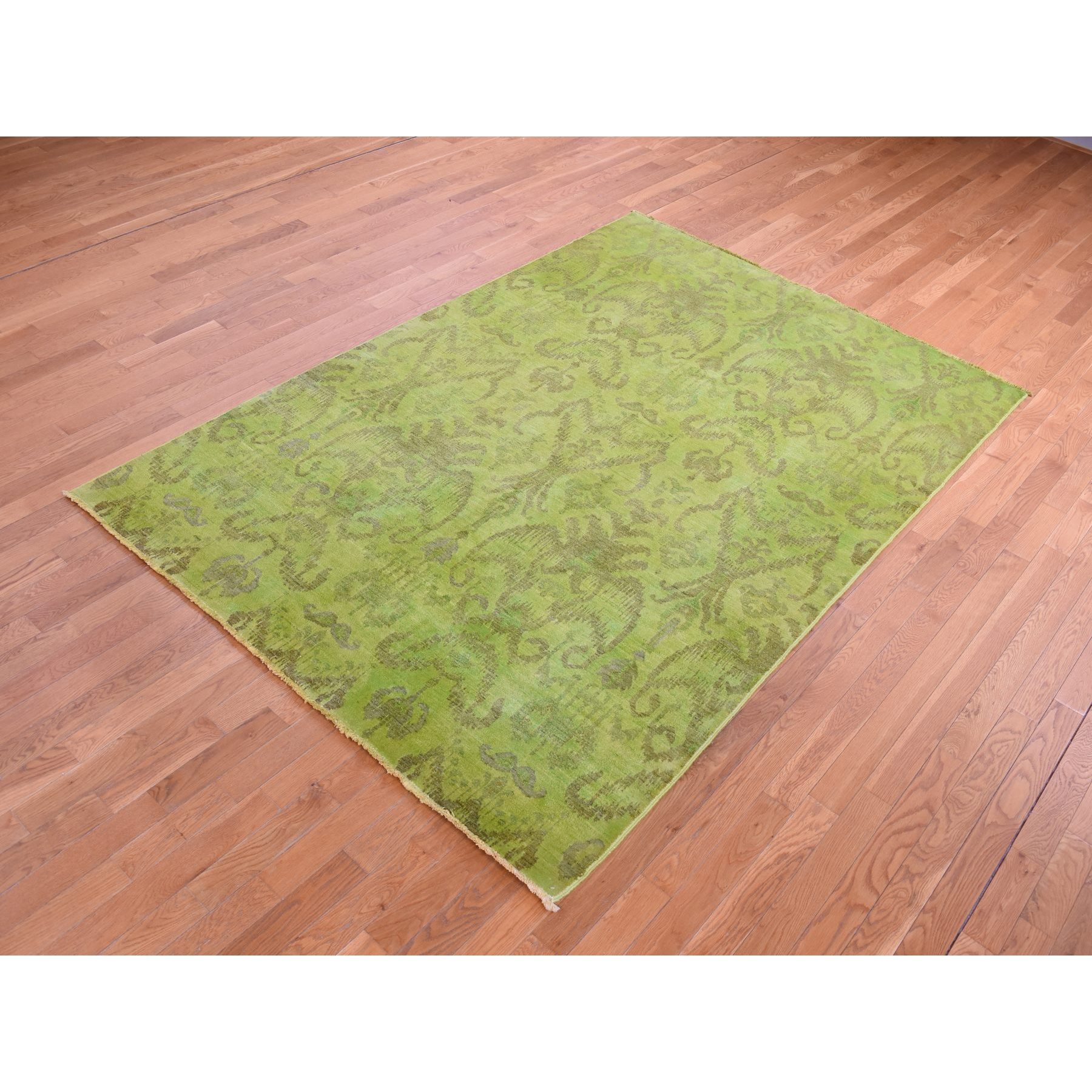 6'1"x9'1" Lime Green Cast, Overdyed Ikat, Hand Woven, Pure Wool, Oriental Rug 