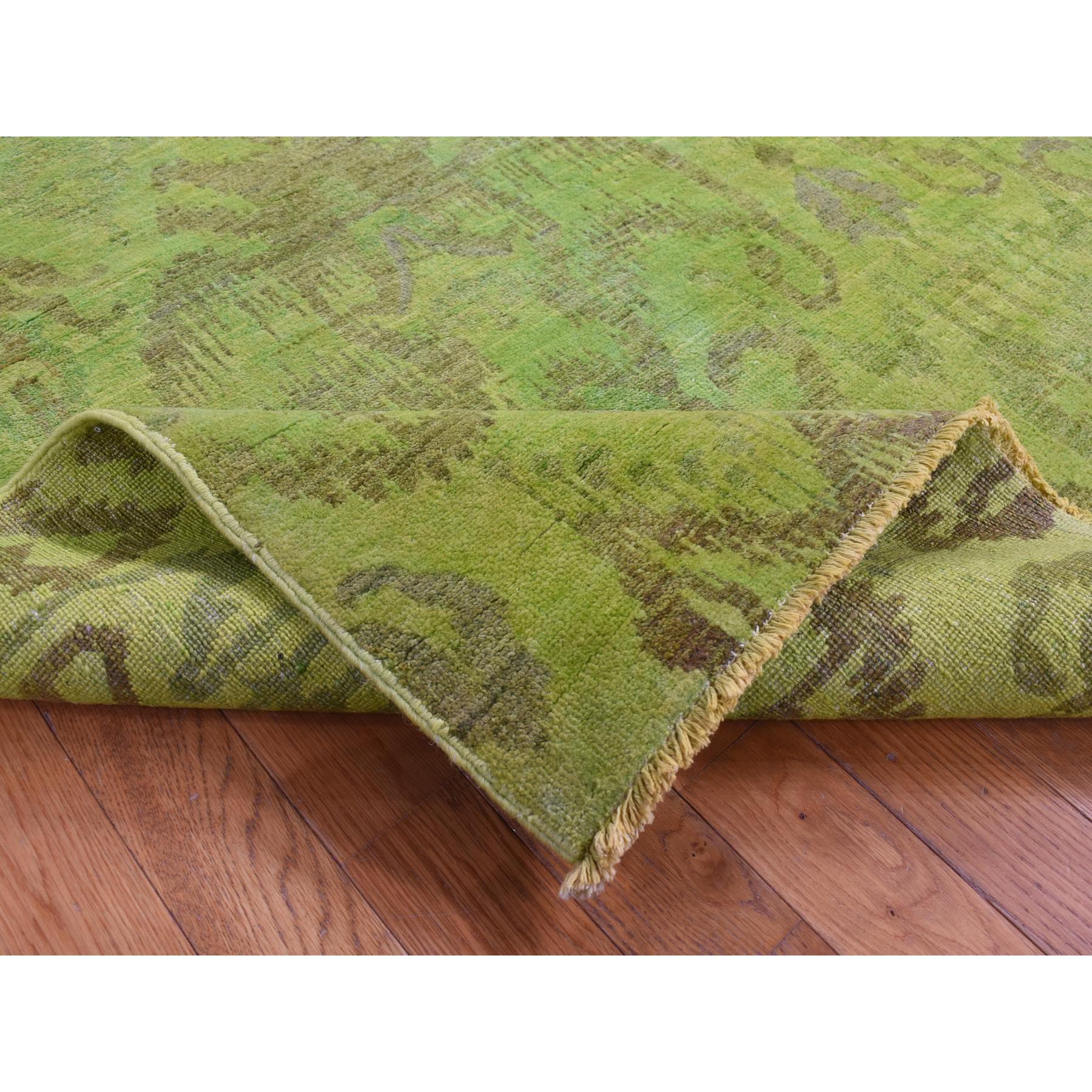 6'1"x9'1" Lime Green Cast, Overdyed Ikat, Hand Woven, Pure Wool, Oriental Rug 