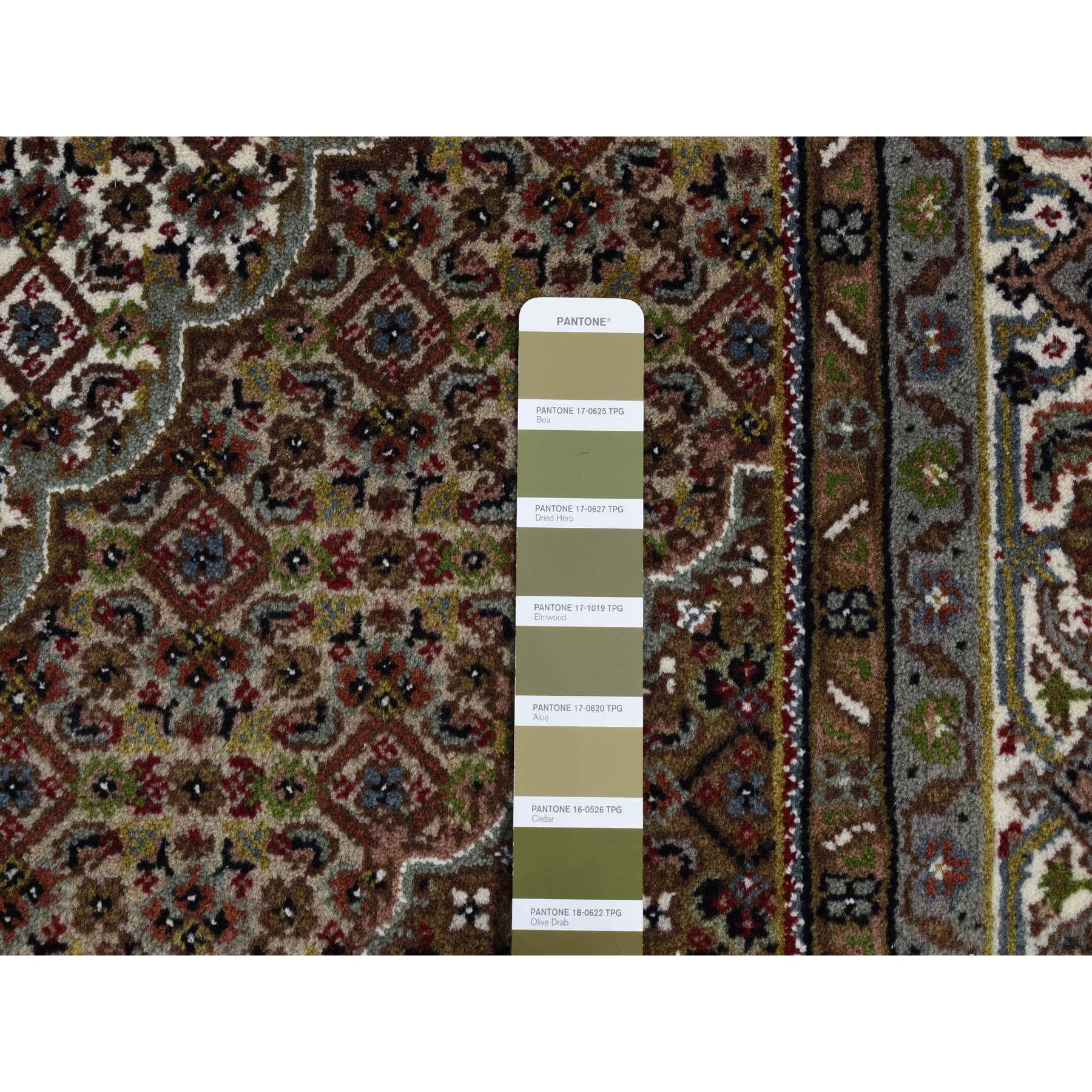 4'7"x6'9" Ivory, Wool and Silk, Tabriz Mahi Design, Hand Woven, Oriental Rug 