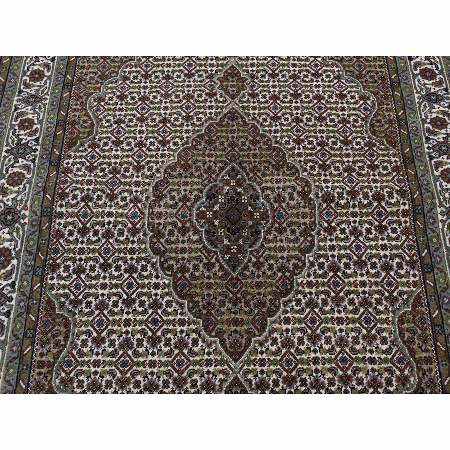 4'7"x6'9" Ivory, Wool and Silk, Tabriz Mahi Design, Hand Woven, Oriental Rug 