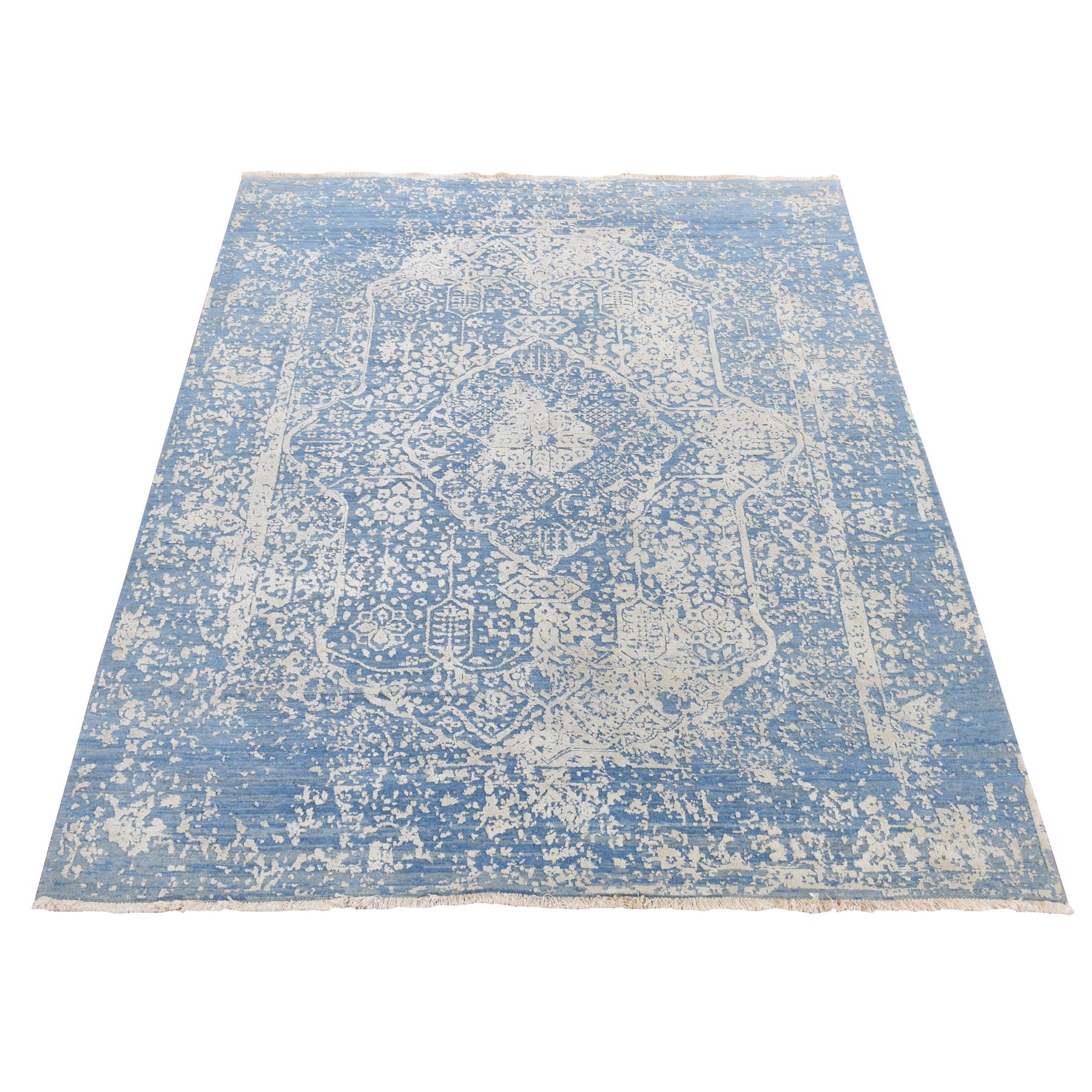 5'1"x7' Air Force Blue, Hand Woven, Broken and Erased Persian Medallion Design, Wool and Pure Silk, Oriental Rug 