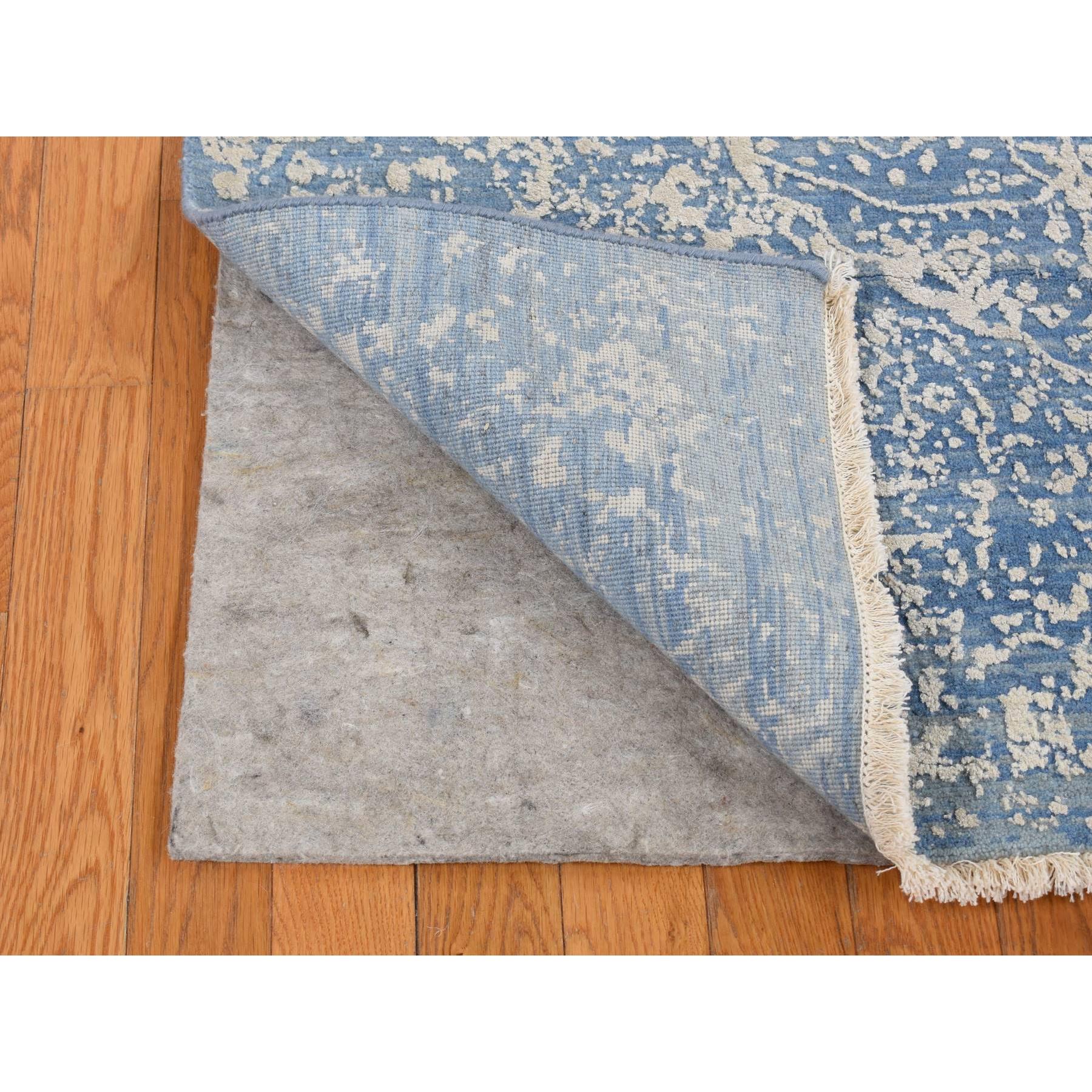 5'1"x7' Air Force Blue, Hand Woven, Broken and Erased Persian Medallion Design, Wool and Pure Silk, Oriental Rug 
