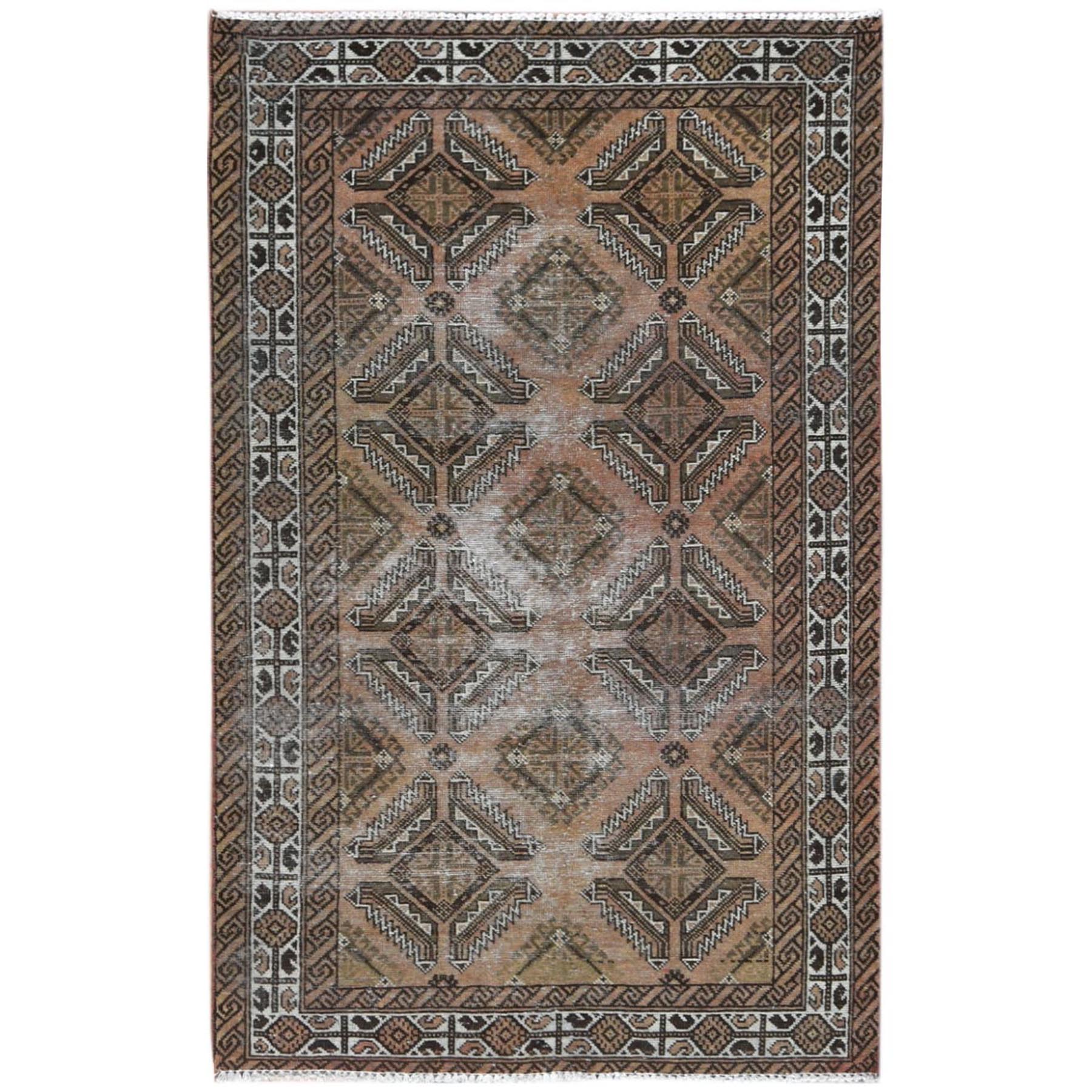 4'x6'4" Chocolate Brown, Vintage Persian Baluch Sheared Low, Distressed Look Worn Wool Hand Woven, Oriental Rug 