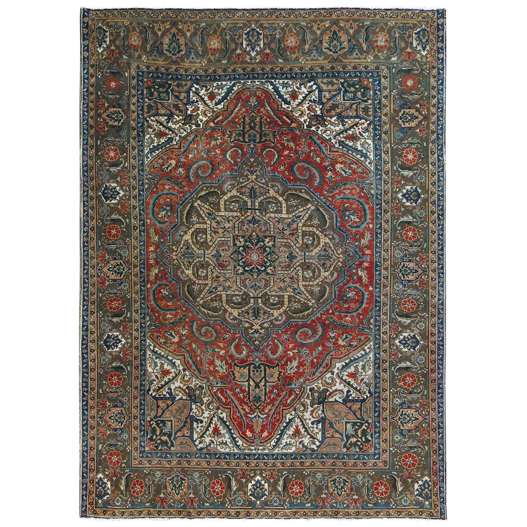 7'10"x10'2" Tomato Red, Vintage Persian Heriz, Clean, Hand Woven, Pure Wool, Distressed Look Oriental Rug 