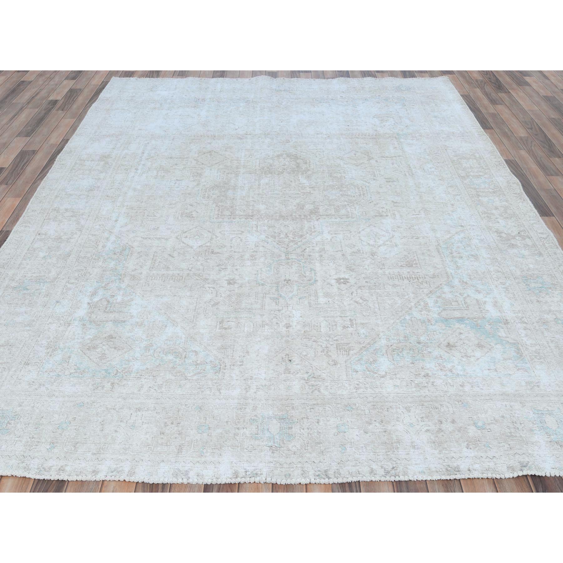 8'1"x10'9" Beige Shabby Chic Vintage Persian Tabriz Hand Woven Worn Wool, Cropped Thin, Distressed Look Oriental Rug 