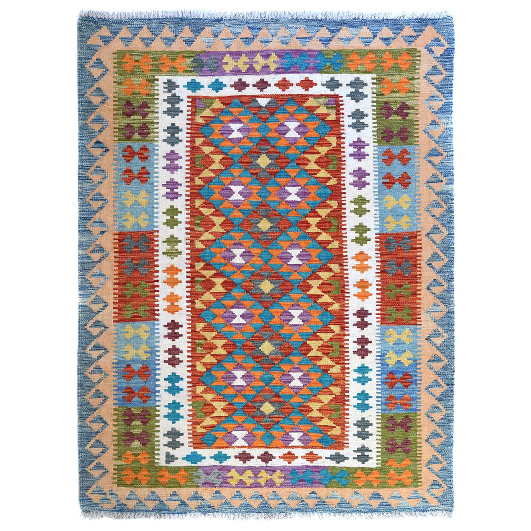 4'4"x6' Colorful, Flat Weave, Afghan Kilim with Geometric Design, Vibrant Wool, Hand Woven, Vegetable Dyes, Reversible Oriental Rug 