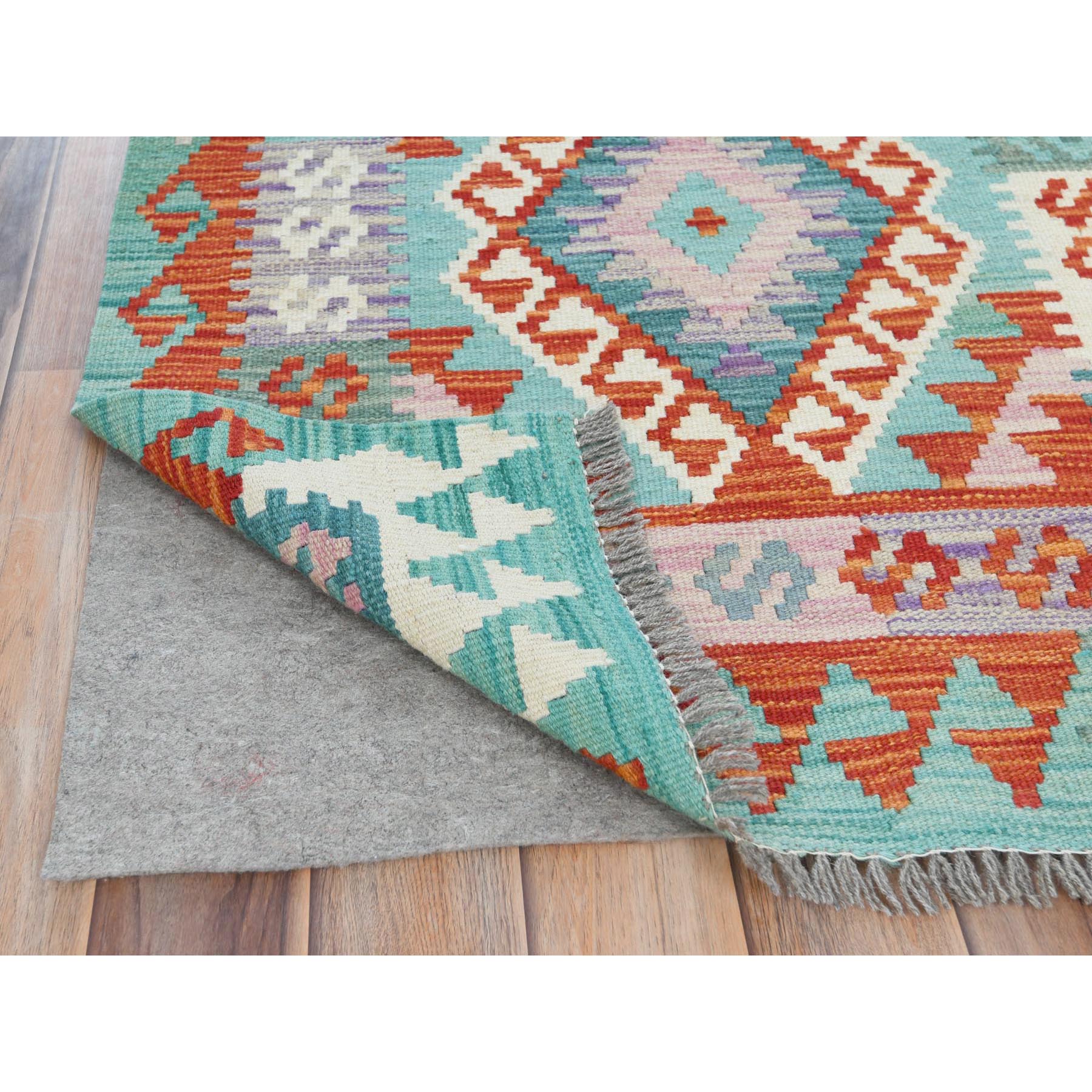 2'8"x15'5" Colorful, Afghan Kilim with Geometric Design, Pure Wool, Hand Woven, Vegetable Dyes, Flat Weave, Reversible XL Runner Oriental Rug 