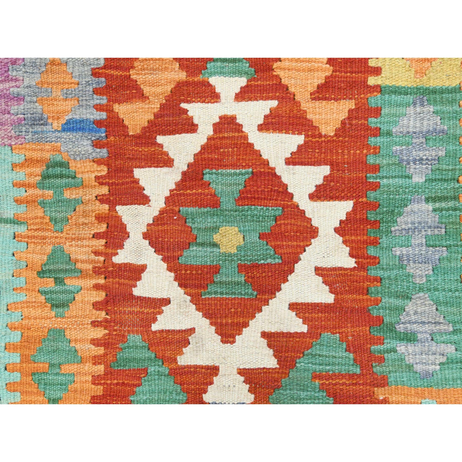 2'6"x16' Colorful, Afghan Kilim with Geometric Design, Hand Woven, Veggie Dyes, Flat Weave, Reversible, Vibrant Wool XL Runner Oriental Rug moa407745