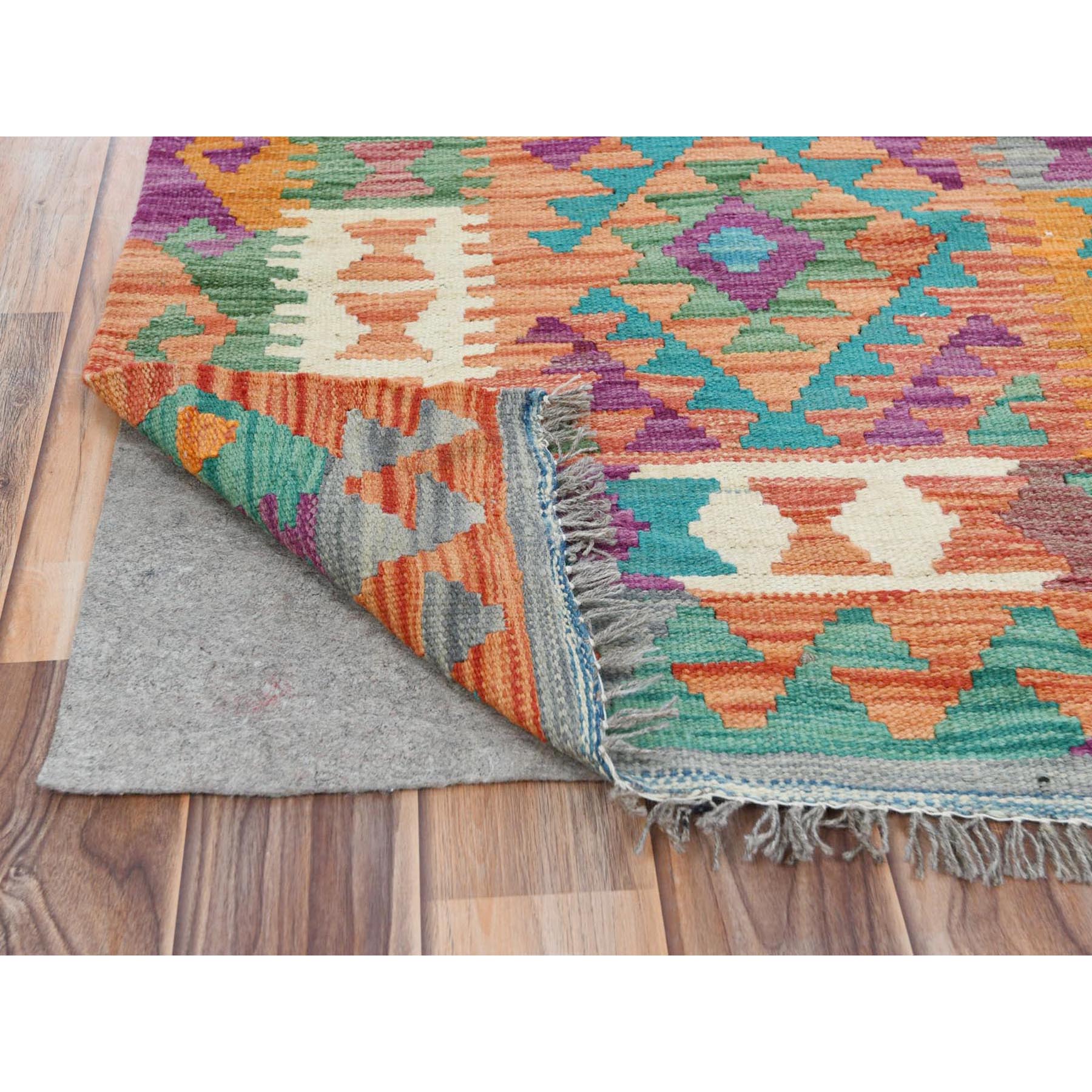 2'6"x16'2" Colorful, Afghan Kilim with Geometric Design, Pure Wool, Hand Woven, Vegetable Dyes, Flat Weave, Reversible XL Runner Oriental Rug 