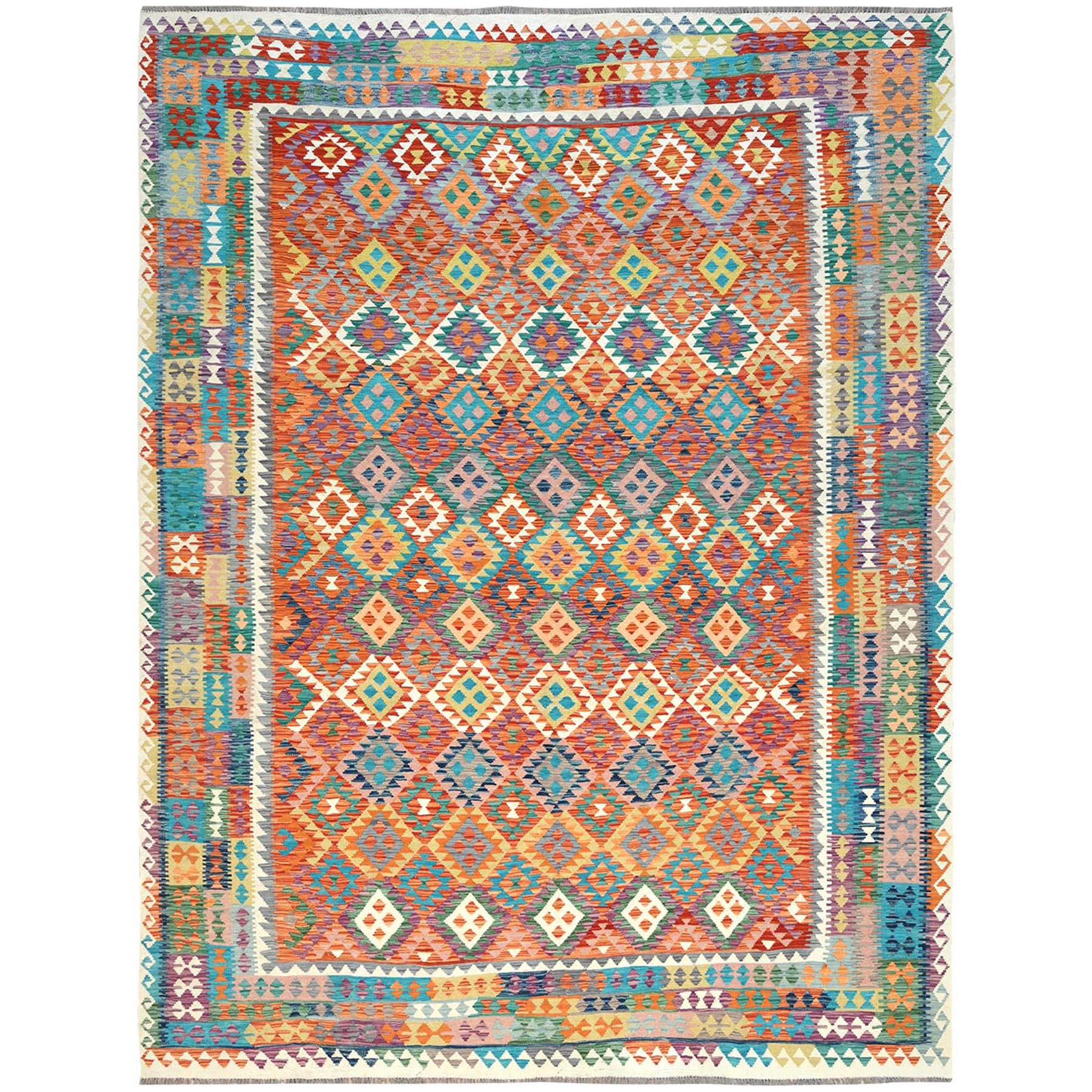 10'1"x13'2" Colorful, Hand Woven Afghan Kilim with Geometric Design, Flat Weave Veggie Dyes Pure Wool, Reversible Oriental Rug 
