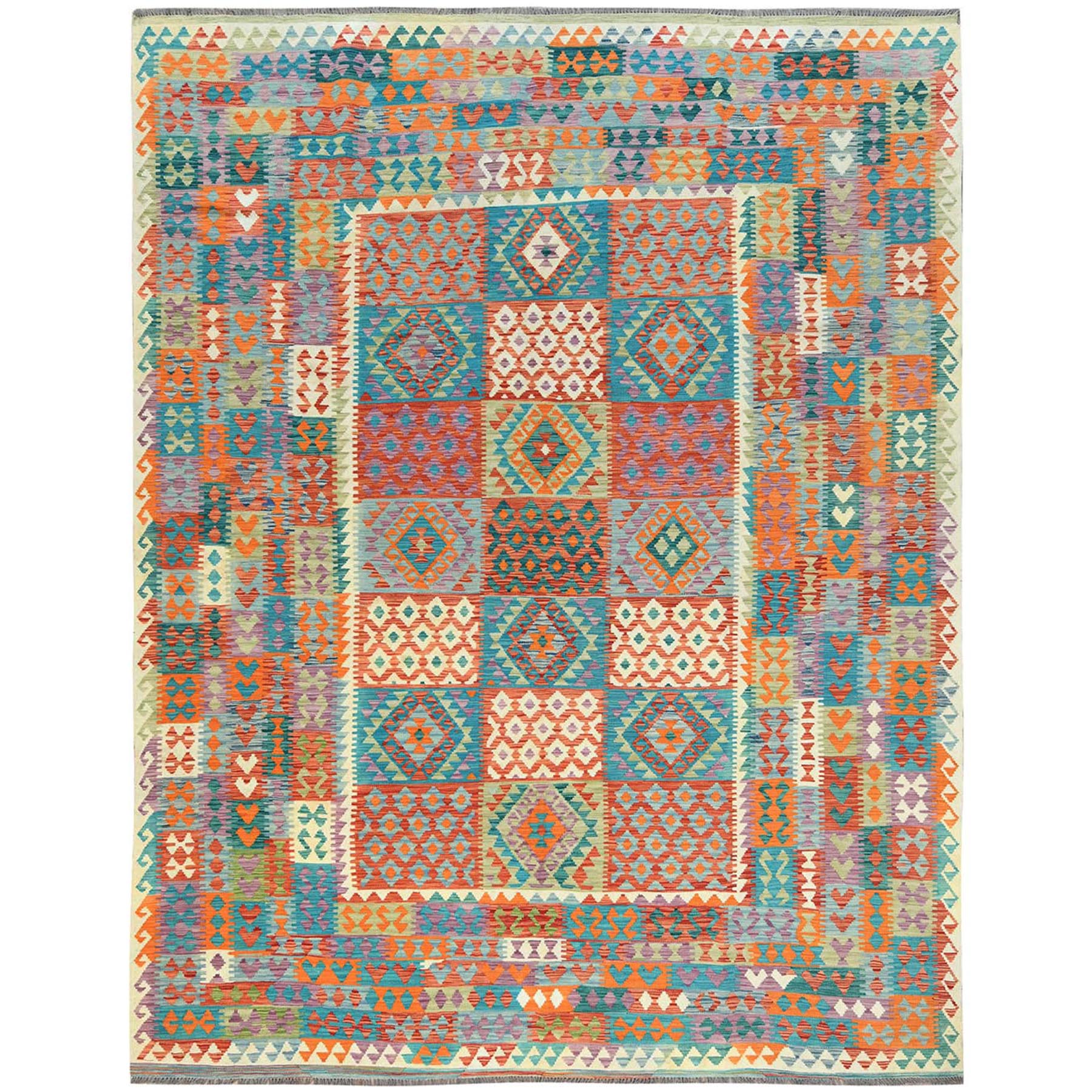 9'9"x13' Colorful, Veggie Dyes Organic Wool Hand Woven, Afghan Kilim with Geometric Design Flat Weave, Reversible Oriental Rug 