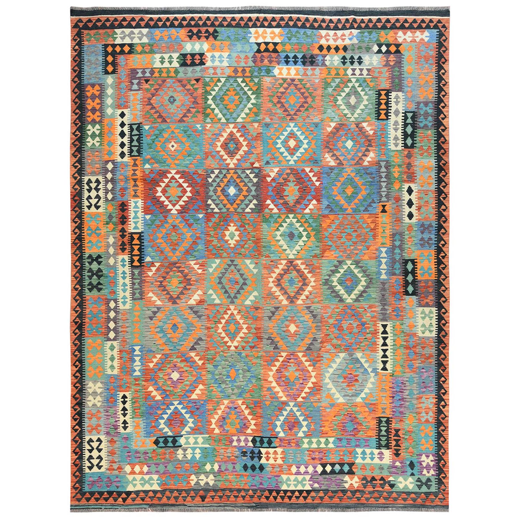 10'x13'1" Colorful, Pure Wool Hand Woven, Afghan Kilim with Geometric Design Flat Weave Veggie Dyes, Reversible Oriental Rug 